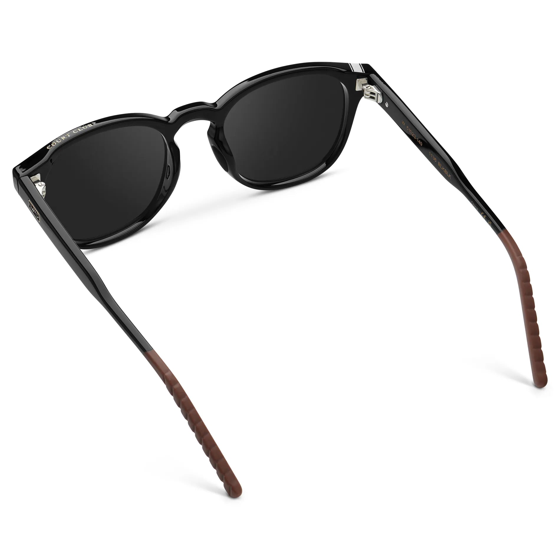 Black / Black Lens || Back view of Men's Round Sunglasses with Black Frame and Black Oval Lens on a white background