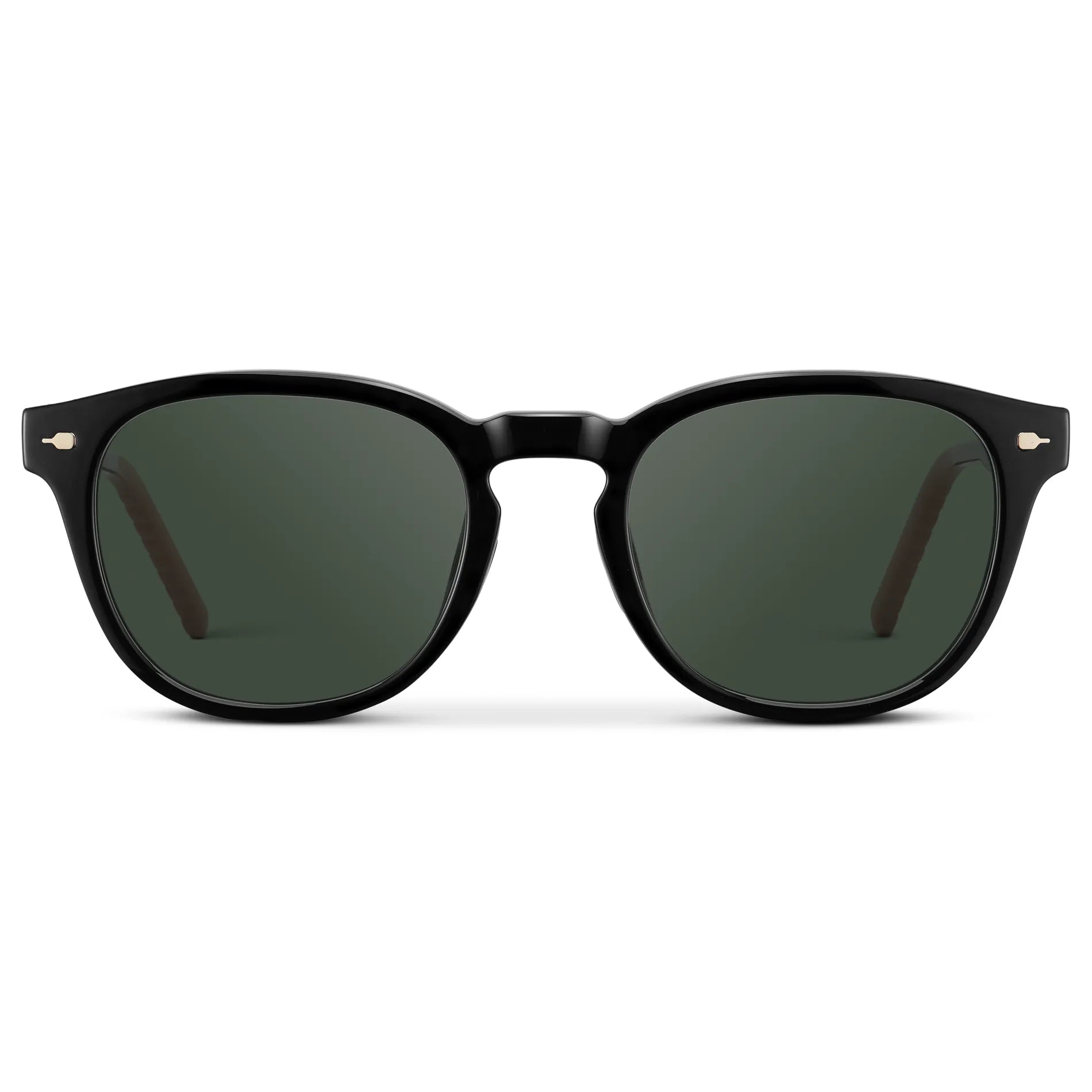 Black / G15 || Men's Round Prescription Sunglasses with Black Frame and Green Oval Lens on a white background