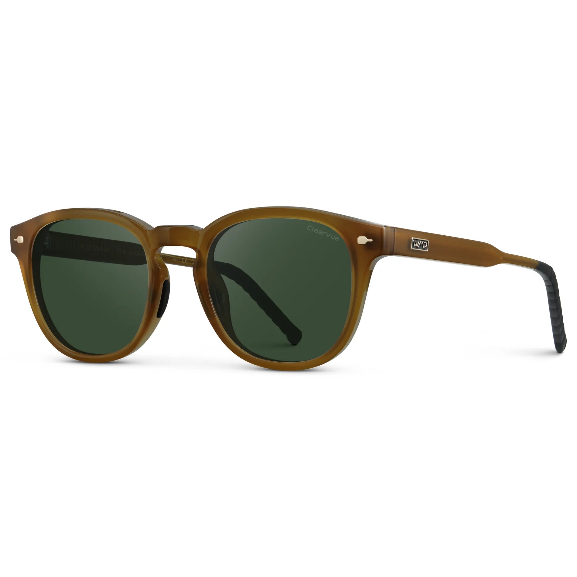 Dune Brown / Smoke Green Lens || Side view of Men's Round Sunglasses with Dune Brown Frame and Smoke Green Oval Lens on a white background