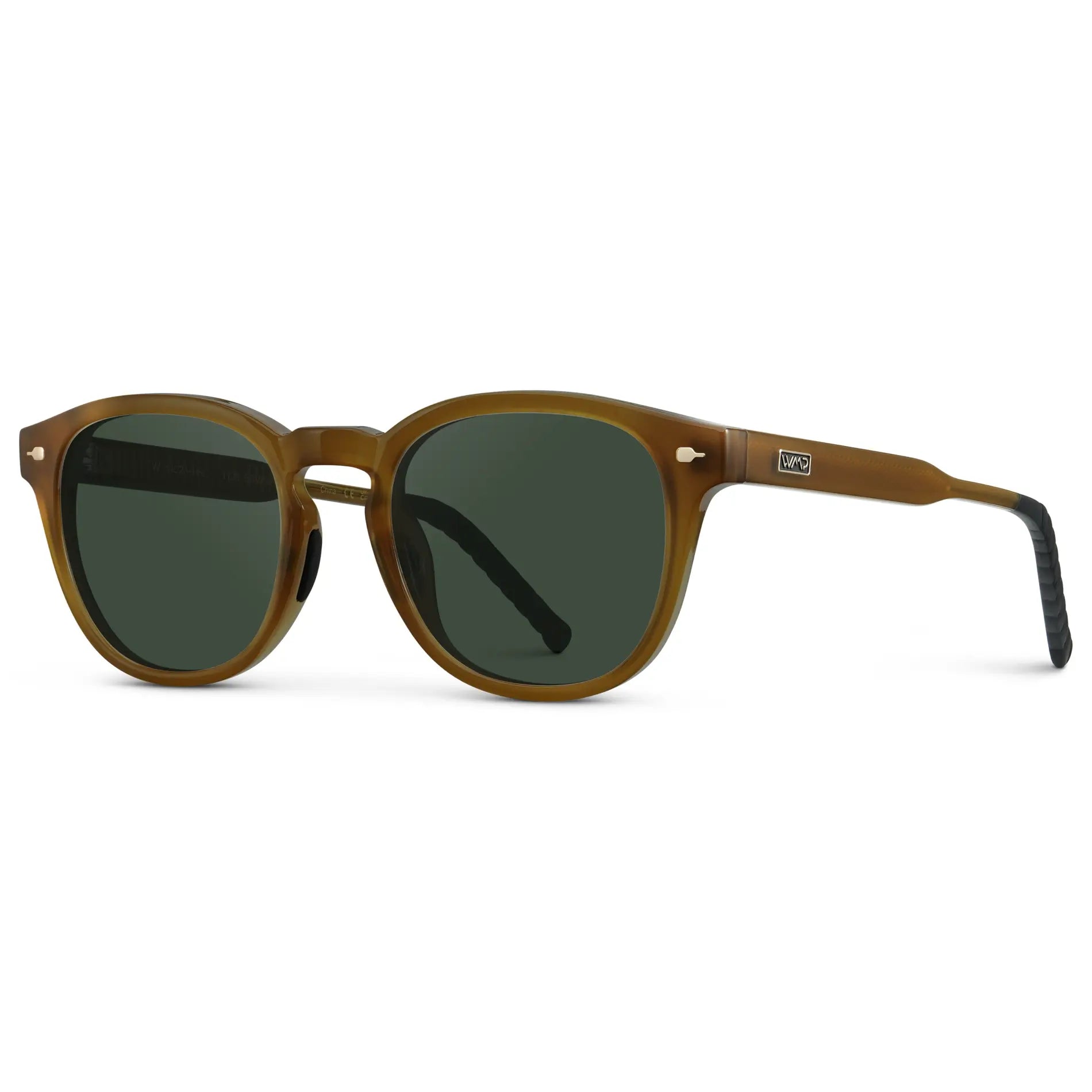 Dune Brown / G15 || Side view of Men's Round Prescription Sunglasses with Dune Brown Frame and Green Oval Lens on a white background