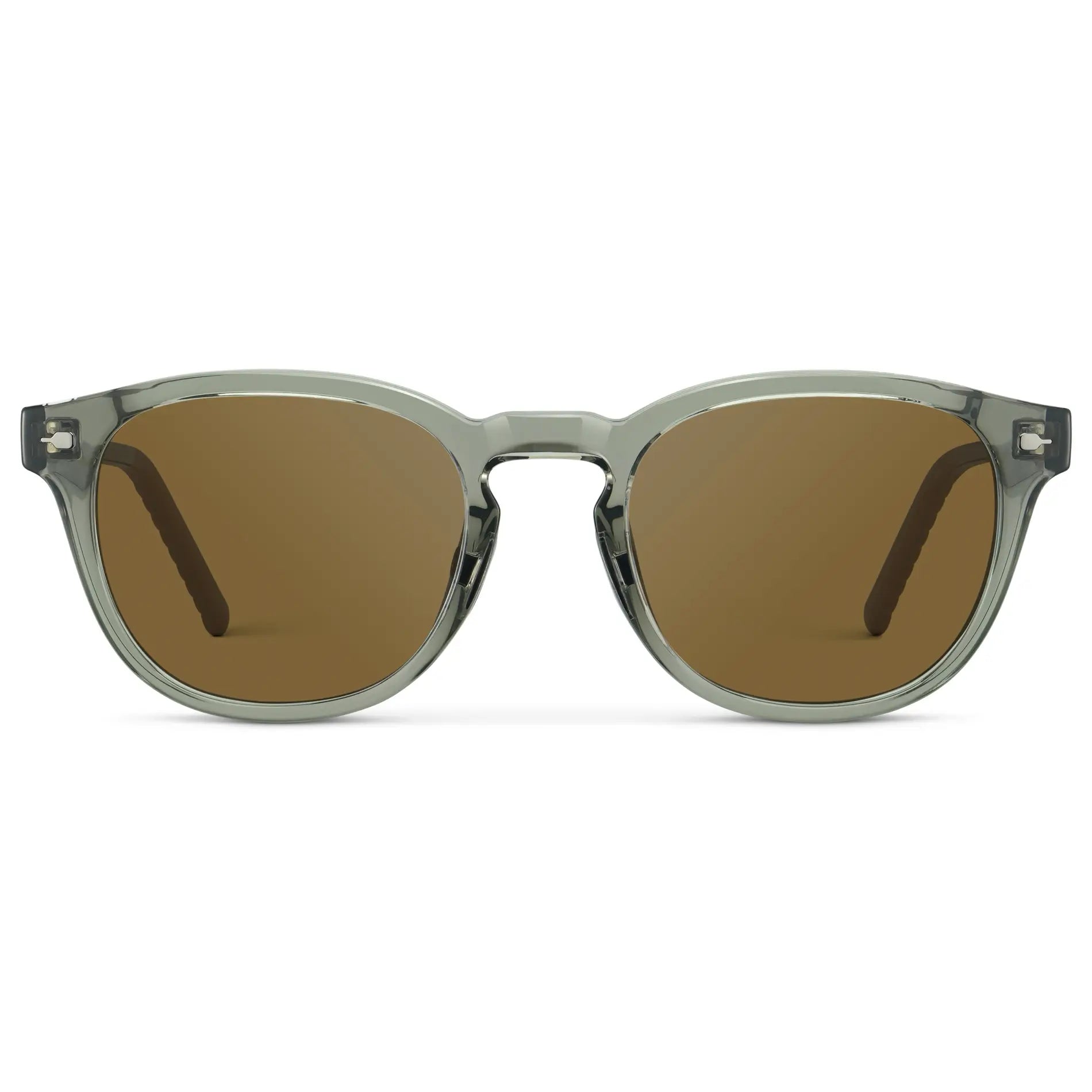 Sage Green / Amber || Men's Round Prescription Sunglasses with Sage Green Frame and Brown Oval Lens on a white background