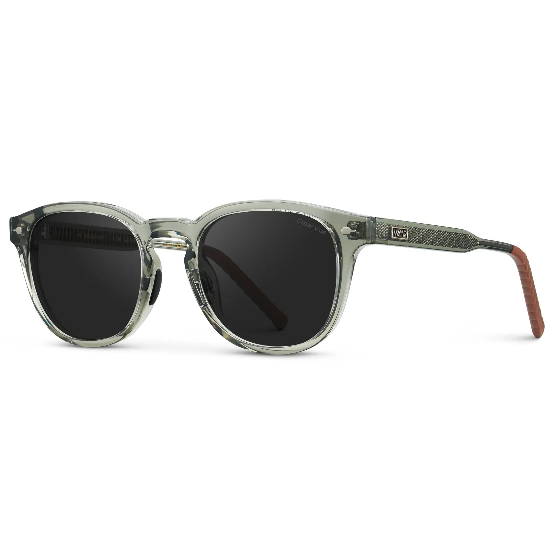Sage Green / Black Lens || Side view of Men's Round Sunglasses with Sage Green Frame and Black Oval Lens on a white background