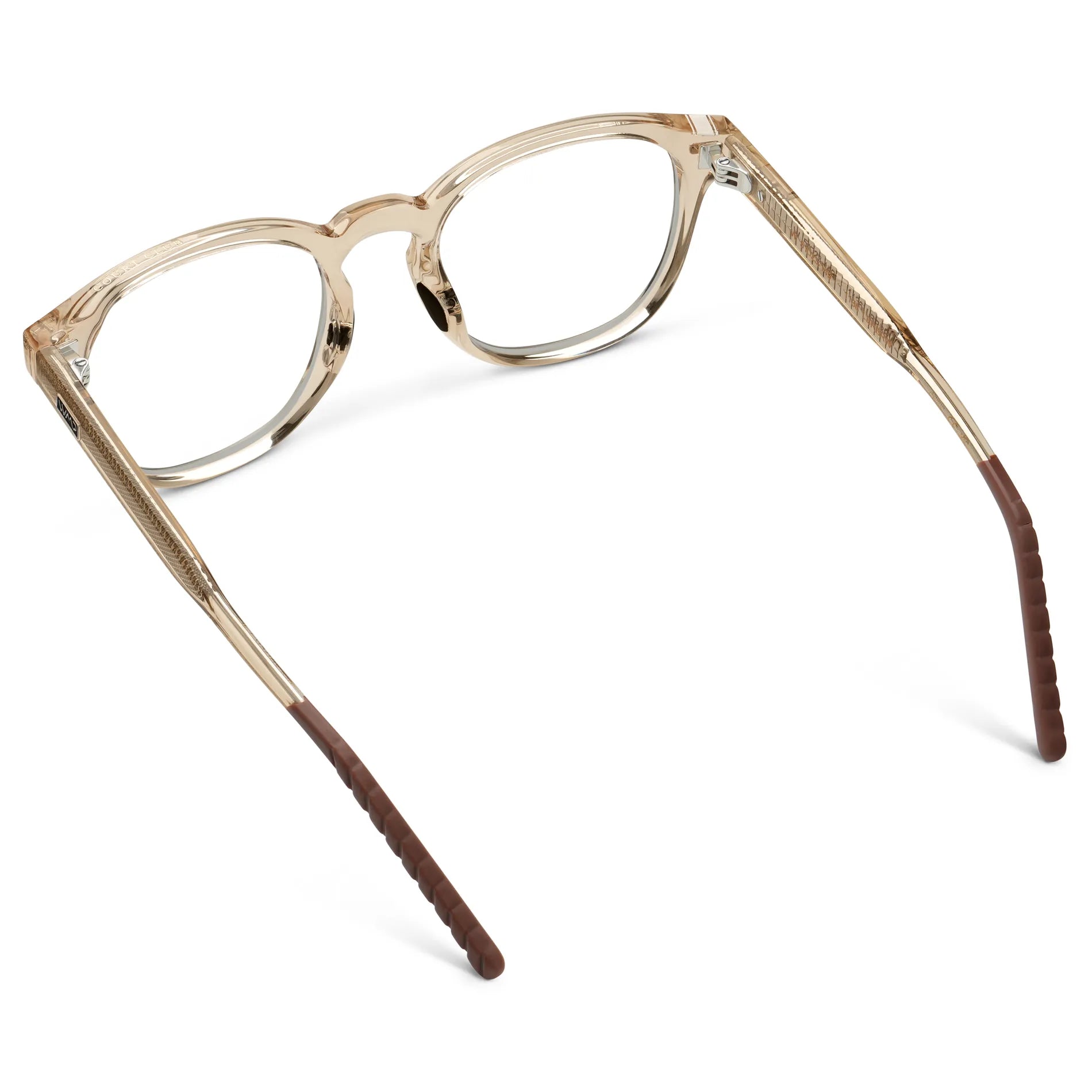 Sand Brown || Back view of Men's Round Prescription Eyeglasses with Sand Brown Frame and Clear Oval Lens on a white background