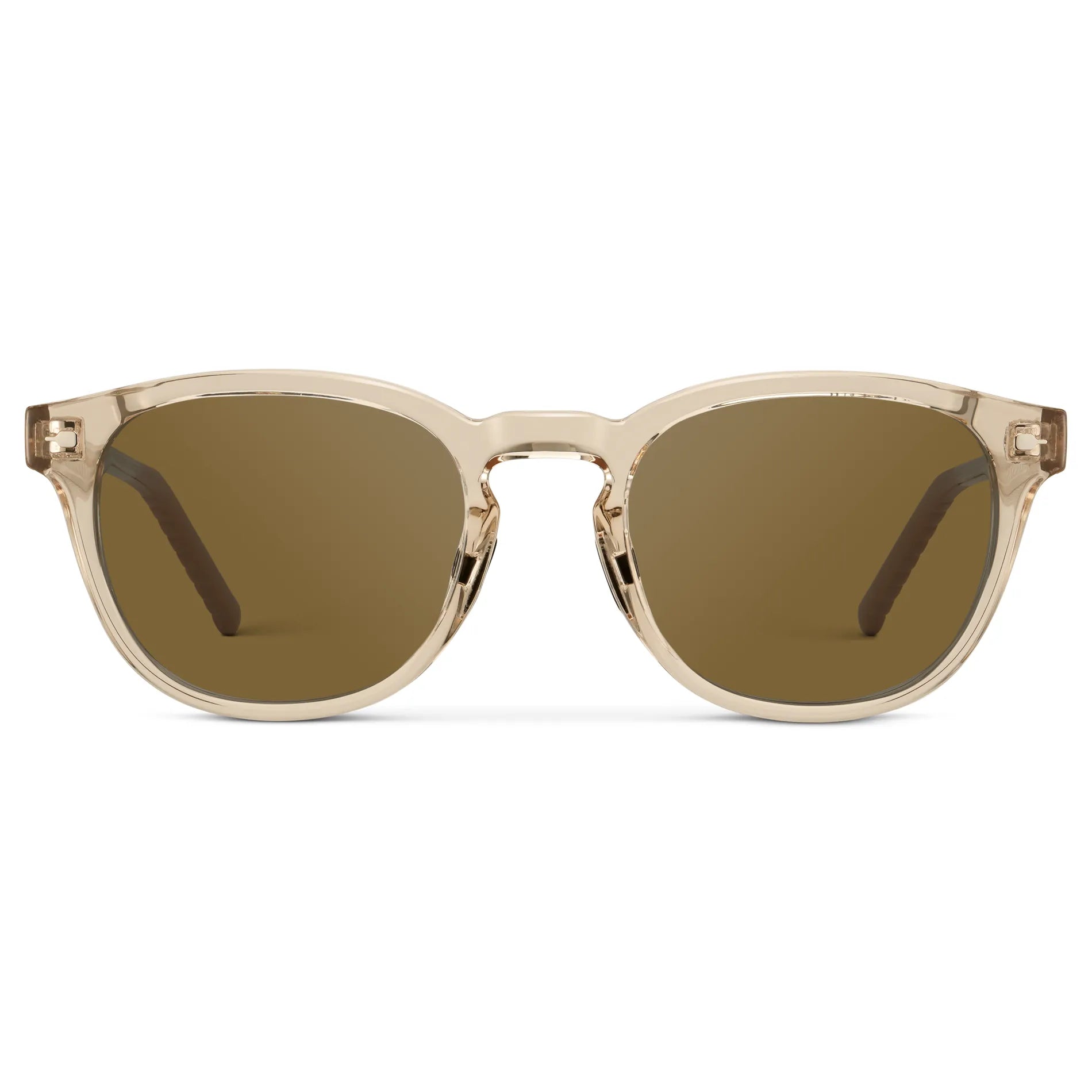 Sand Brown / Amber || Men's Round Prescription Sunglasses with Sand Brown Frame and Brown Oval Lens on a white background