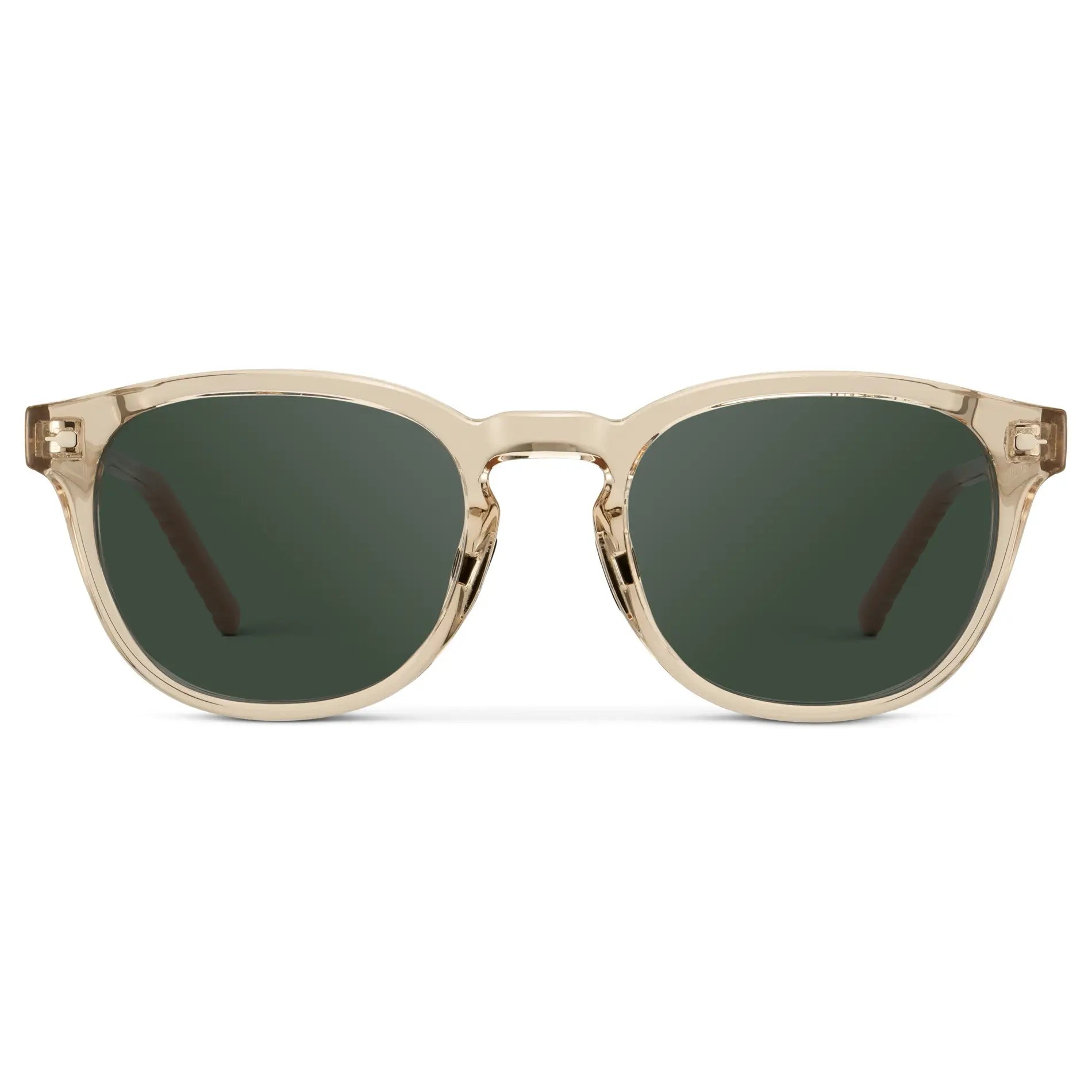 Sand Brown / G15 || Men's Round Prescription Sunglasses with Sand Brown Frame and Green Oval Lens on a white background