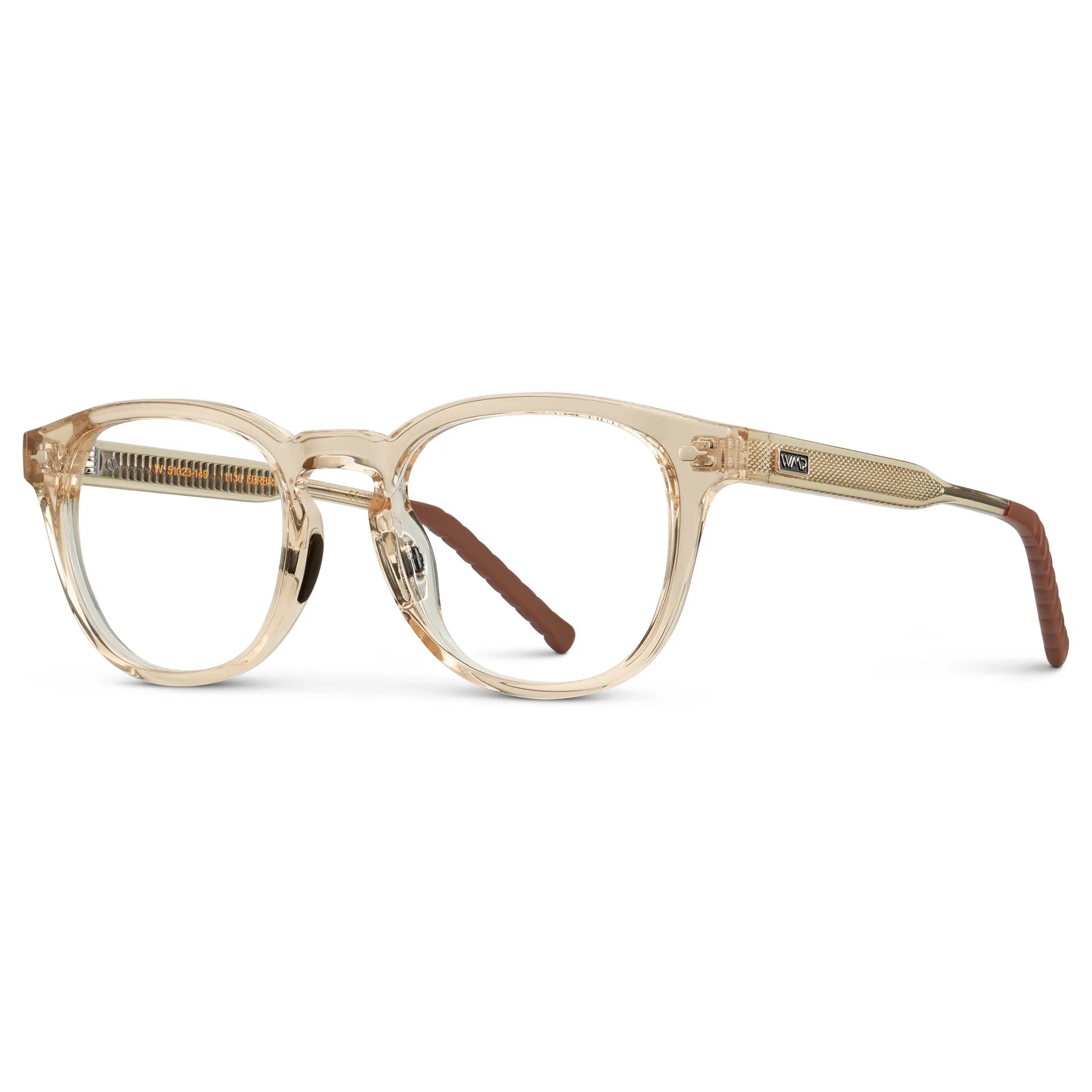 Sand Brown || Side view of Men's Round Prescription Eyeglasses with Sand Brown Frame and Clear Oval Lens on a white background