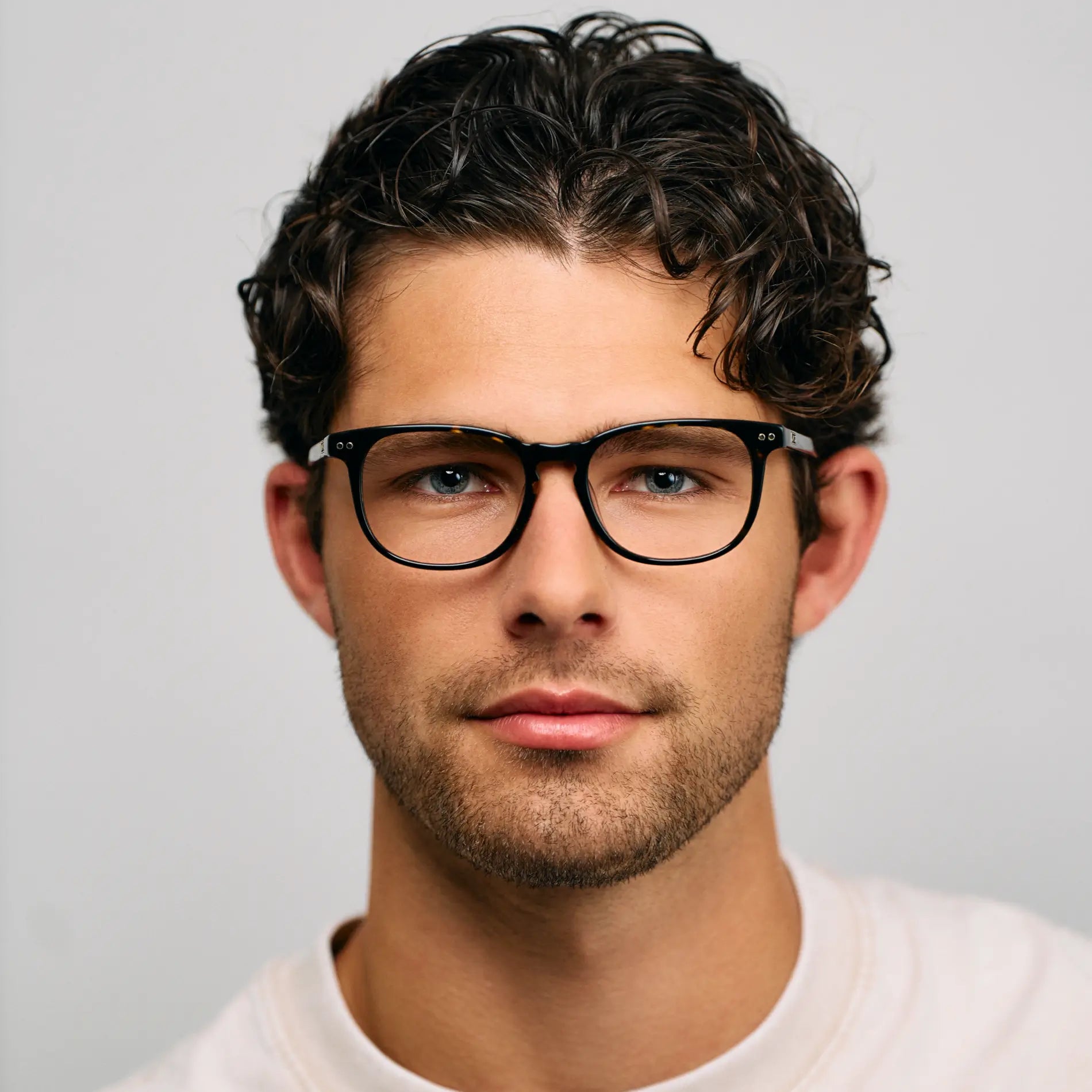 Obsidian Gold Tortoise || Male model wearing rectangular Blue Light blocking glasses with Obsidian Gold Tortoise acetate frame