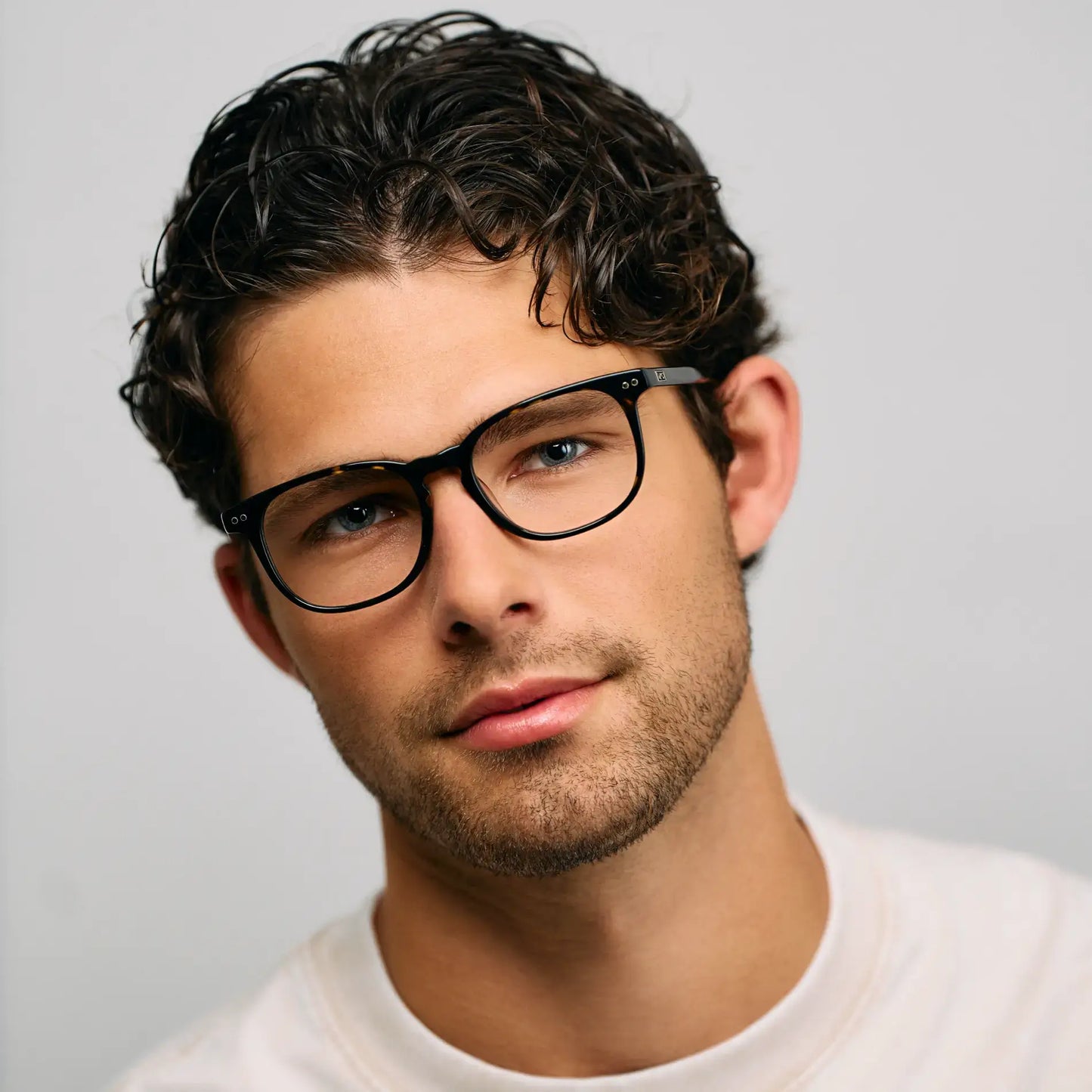 Obsidian Gold Tortoise || Model wearing Men's Rectangular Prescription Eyeglasses with Obsidian Gold Tortoise Frame and Clear Lens