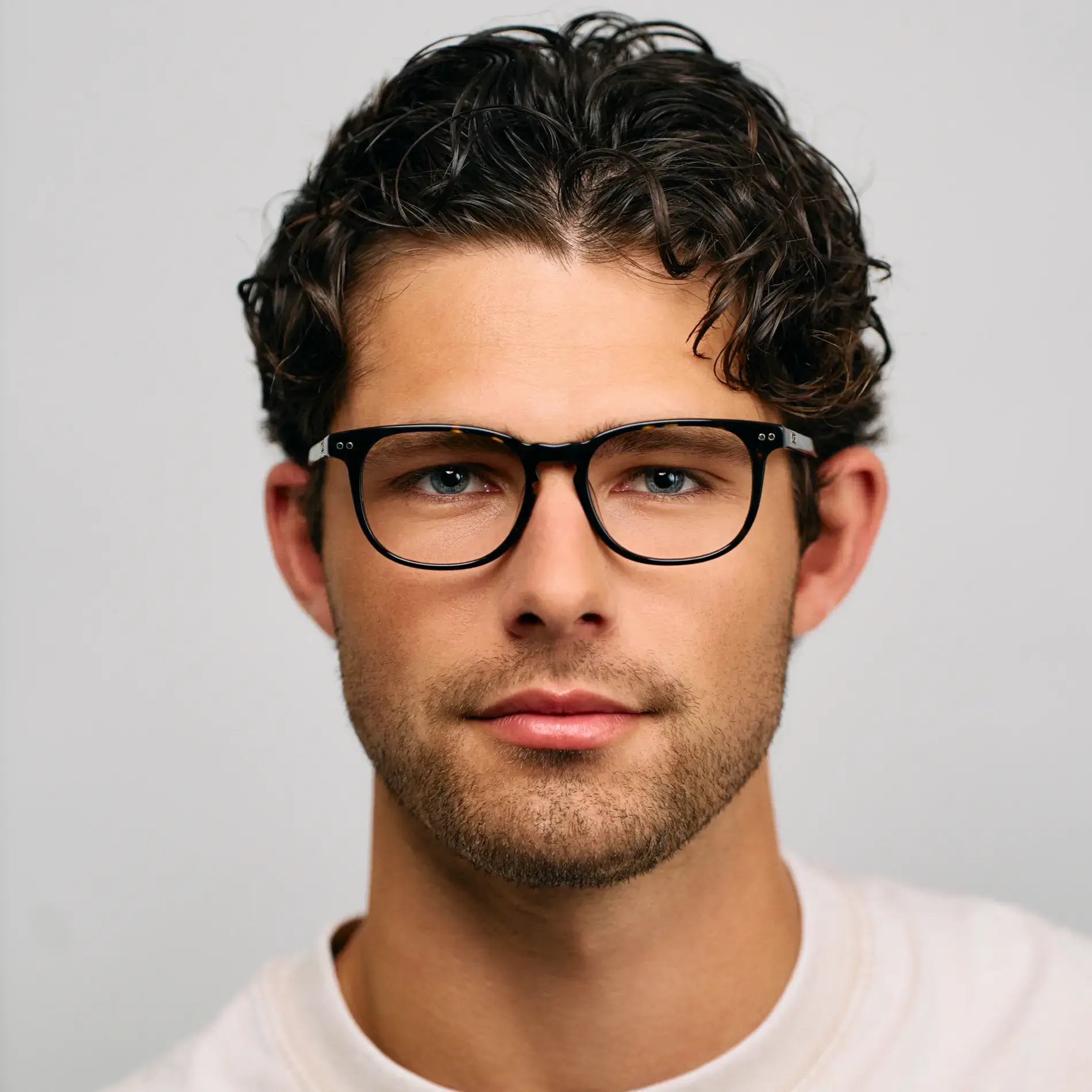 Obsidian Gold Tortoise || Model wearing Men's Rectangular Prescription Eyeglasses with Obsidian Gold Tortoise Frame and Clear Lens