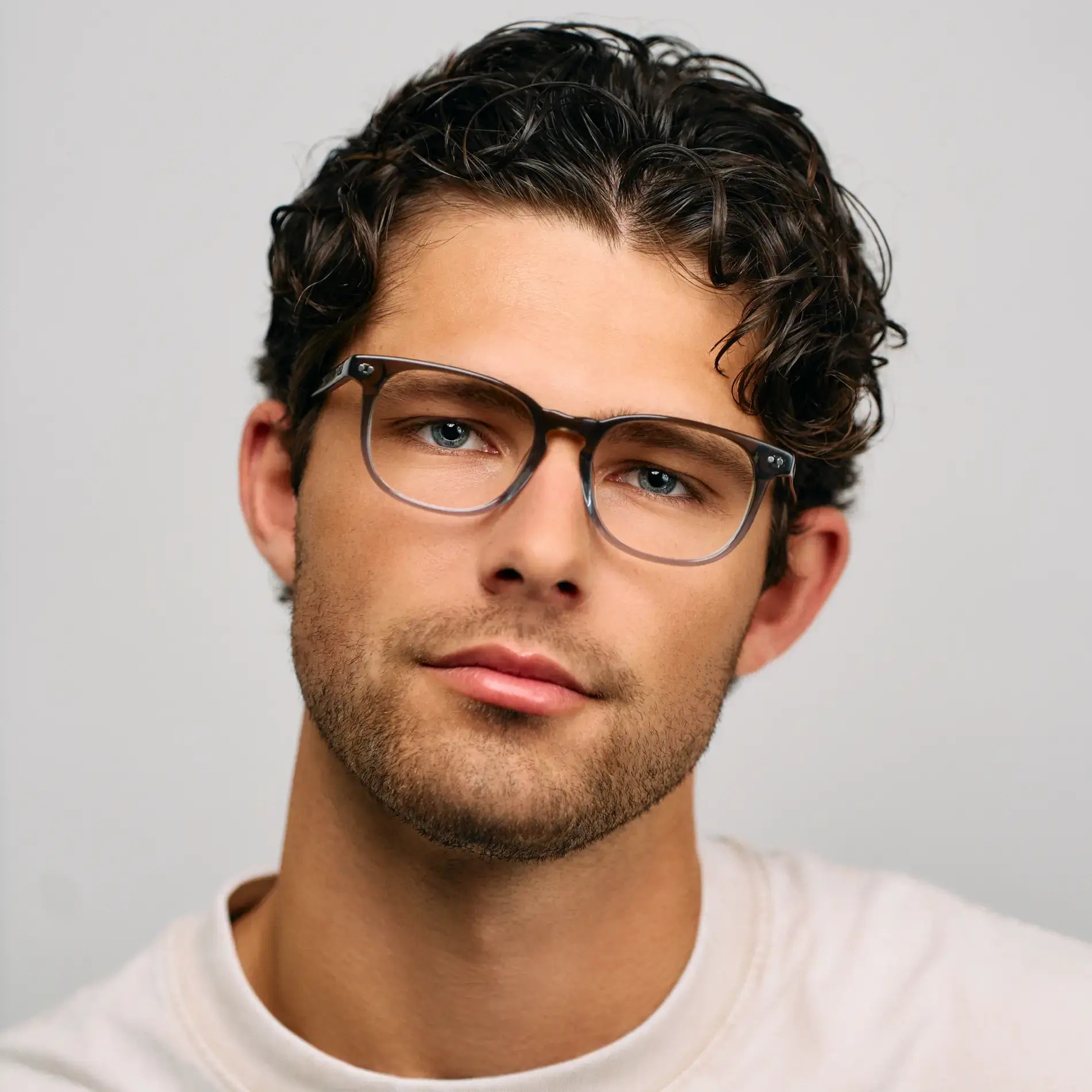 Arctic Forest Green || Model wearing Men's Rectangular Prescription Eyeglasses with Arctic Forest Green Acetate Frame and Clear Lens