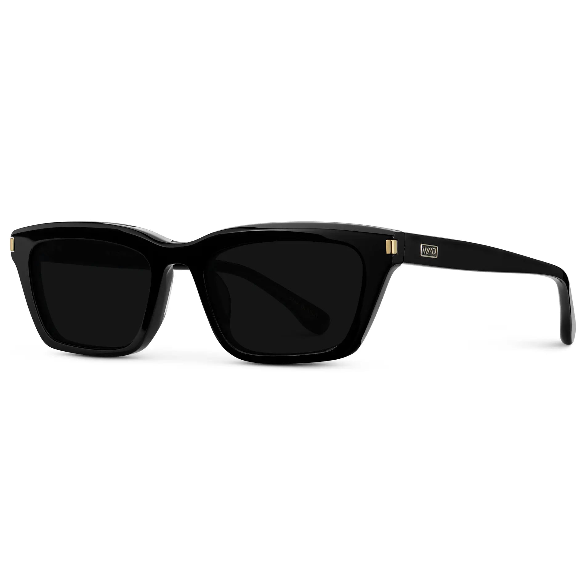 Black / Triple Black Lens || Side view of Women's Cat Eye Polarized Sunglasses with Black Frame and Black Lenses on a white background