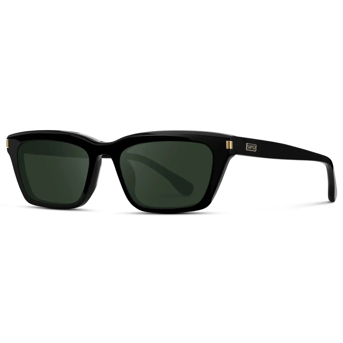 Black / G15 || Side view of Women's Cat Eye Prescription Sunglasses with Black Frame and Green Lenses on a white background