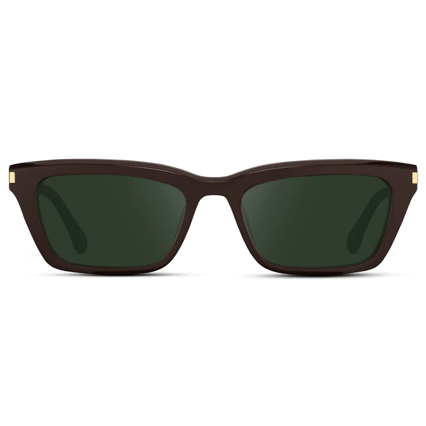 Mocha Brown / G15 || Women's Cat Eye Prescription Sunglasses with Mocha Brown Frame and Green Lenses on a white background