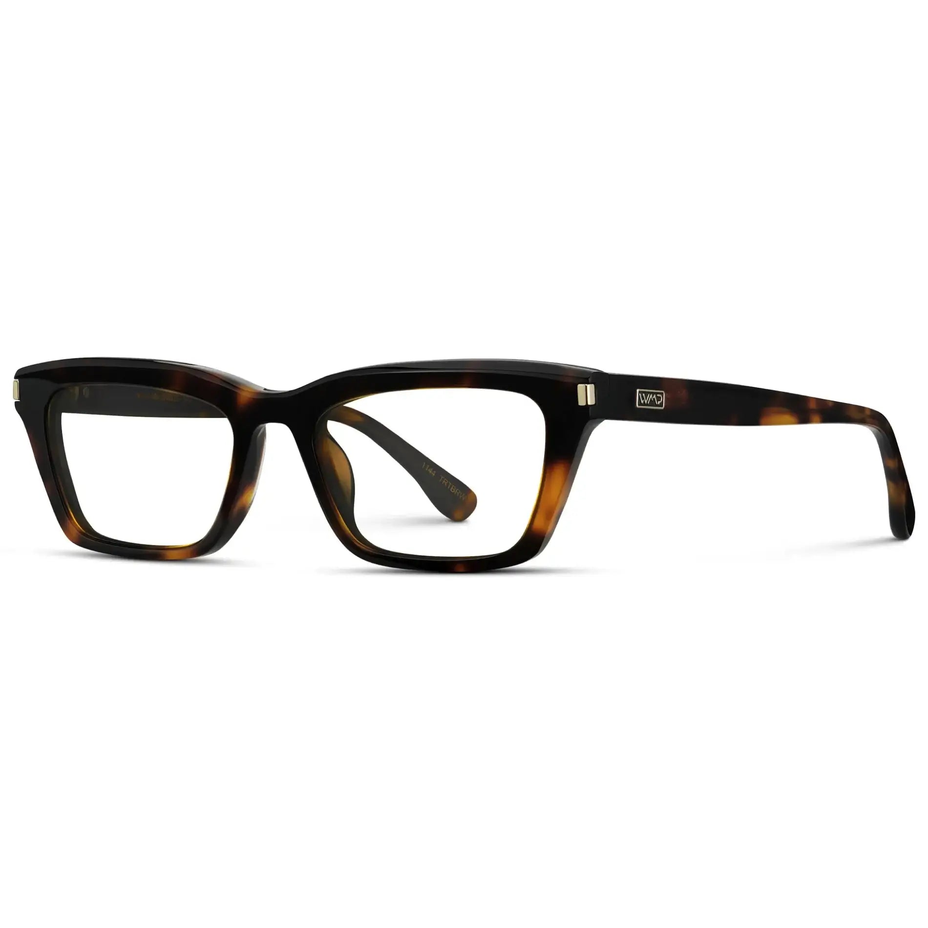 Brown Tortoise || Side view of Women's Cat Eye Prescription Eyeglasses with Brown Tortoise Frame and Clear Lenses on a white background