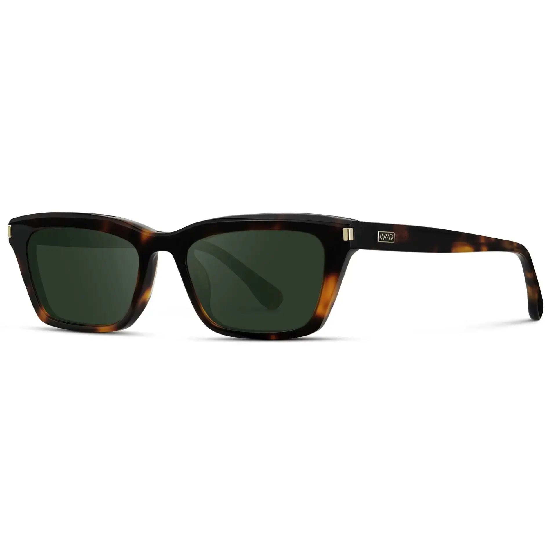 Brown Tortoise / G15 || Side view of Women's Cat Eye Prescription Sunglasses with Brown Tortoise Frame and Green Lenses on a white background