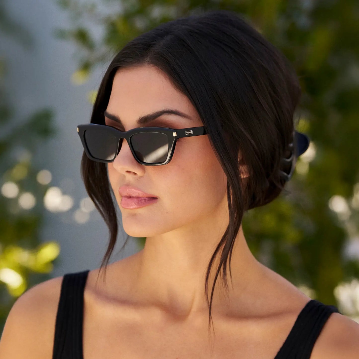 Black / Triple Black Lens || Model wearing Women's Cat Eye Polarized Sunglasses with Black Frame and Black Lenses