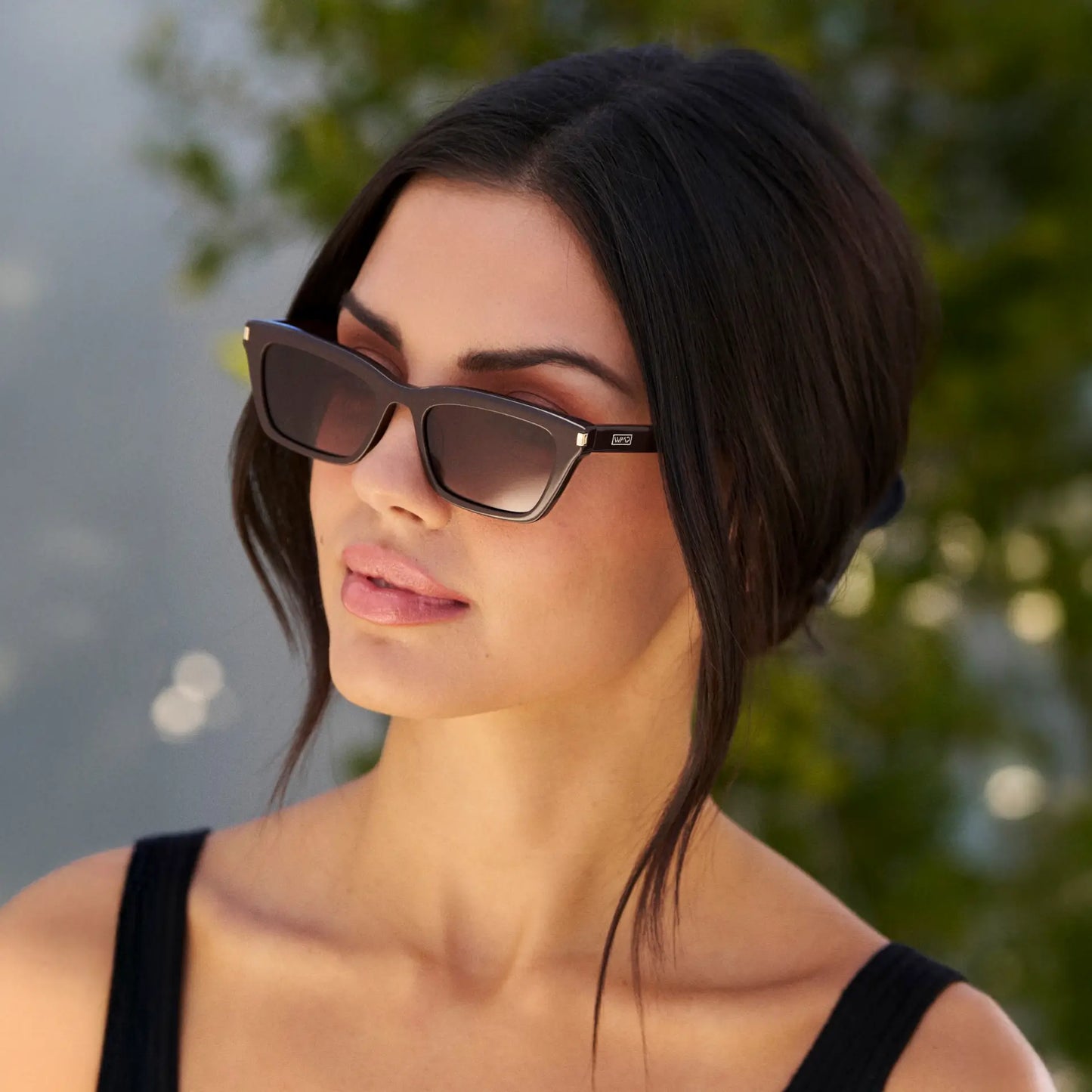 Mocha Brown / Brown Gradient Lens || Model wearing Women's Cat Eye Polarized Sunglasses with Mocha Brown Frame and Brown Gradient Lenses