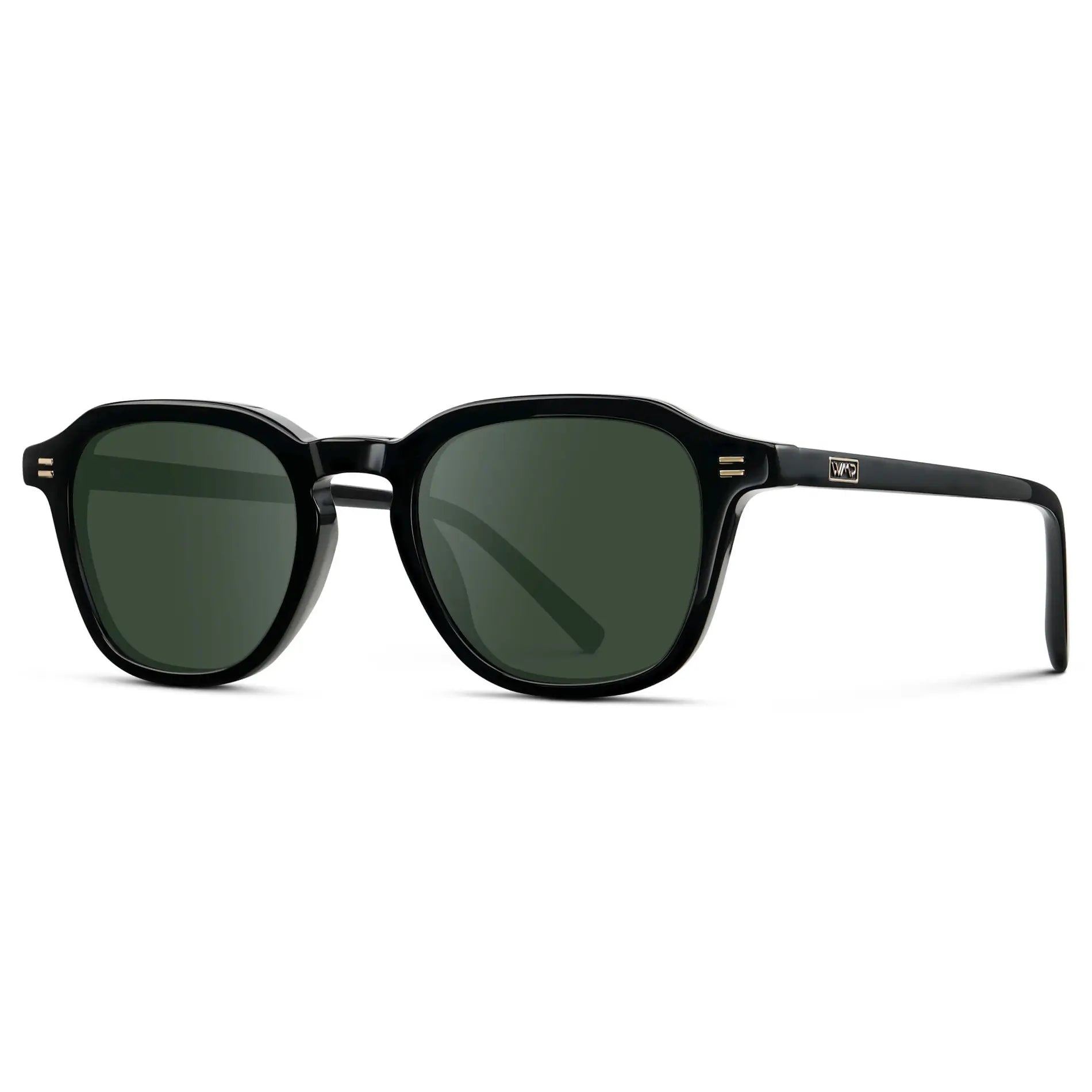 Black / G15 || Side view of Men's Geometric Square Prescription Sunglasses with Black Acetate Frame and Green Lens
