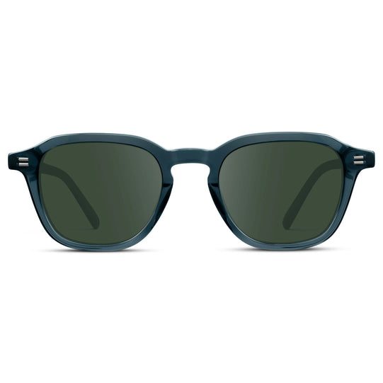 Crystal Steel Blue / G15 || Men's Geometric Square Prescription Sunglasses with Crystal Steel Blue Acetate Frame and Green Lens
