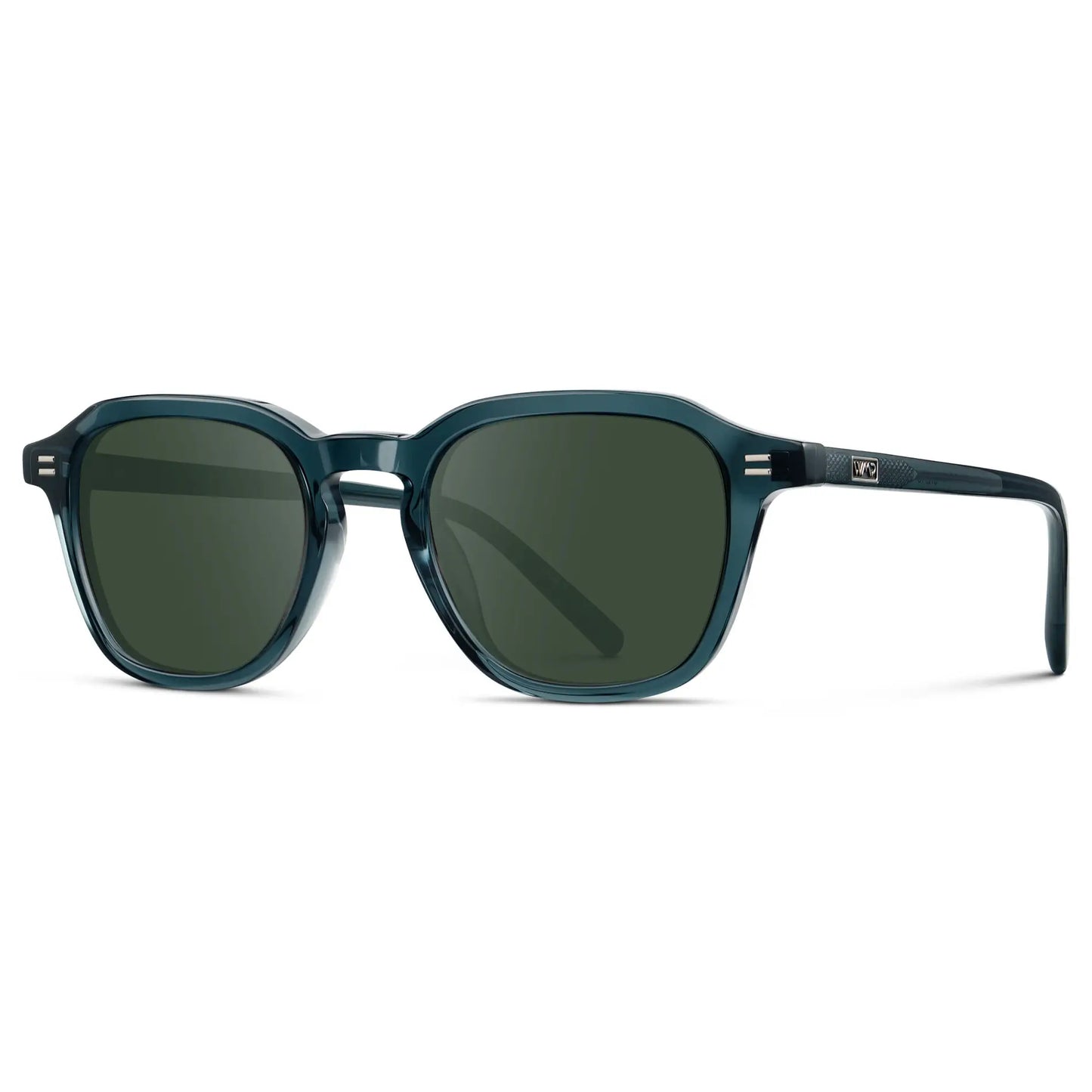 Crystal Steel Blue / G15 || Side view of Men's Geometric Square Prescription Sunglasses with Crystal Steel Blue Acetate Frame and Green Lens