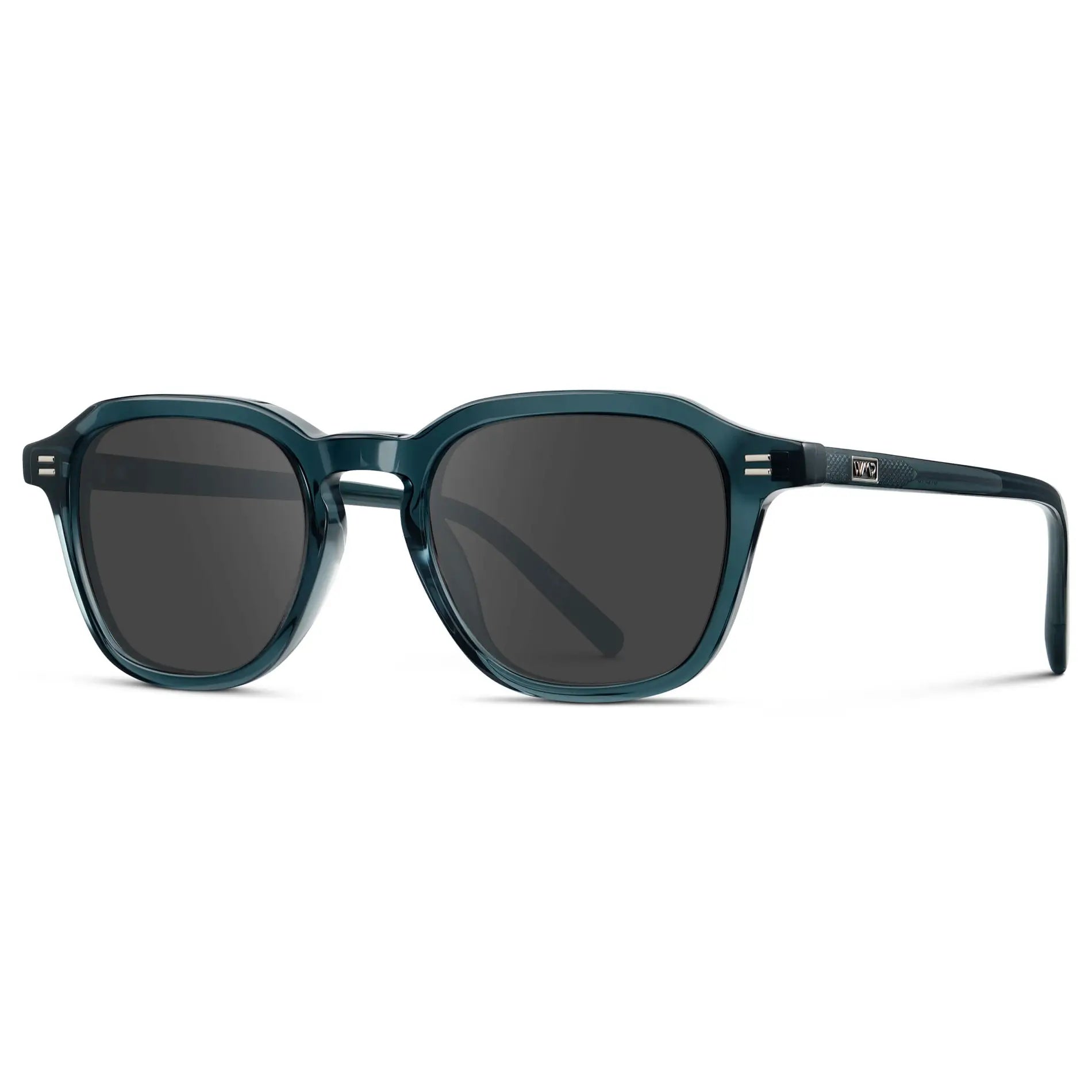 Crystal Steel Blue / Grey || Side view of Men's Geometric Square Prescription Sunglasses with Crystal Steel Blue Acetate Frame and Grey Lens