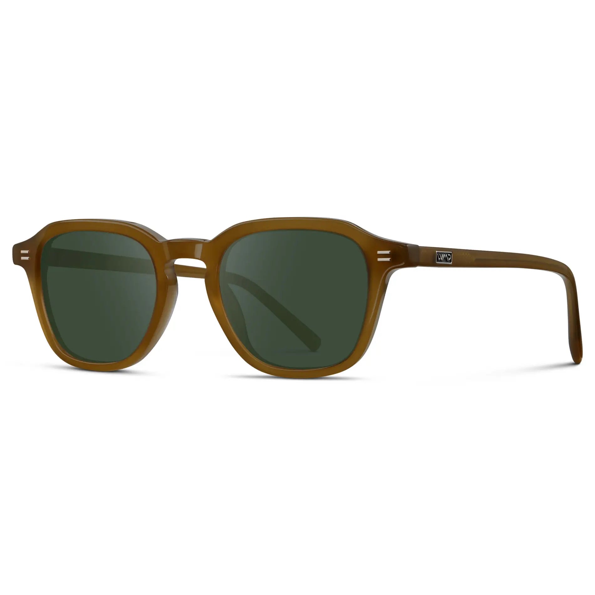 Dune Brown / G15 || Side view of Men's Geometric Square Prescription Sunglasses with Dune Brown Acetate Frame and Green Lens
