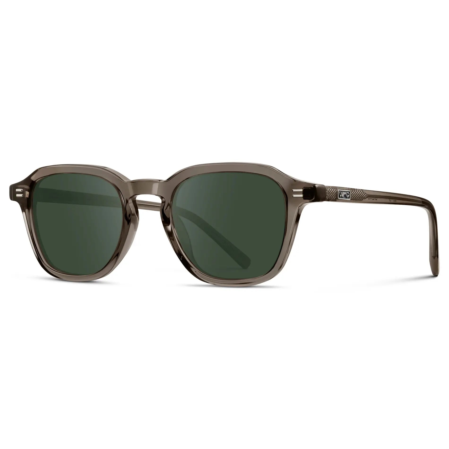 Crystal Gunmetal / G15 || Side view of Men's Geometric Square Prescription Sunglasses with Crystal Gunmetal Acetate Frame and Green Lens