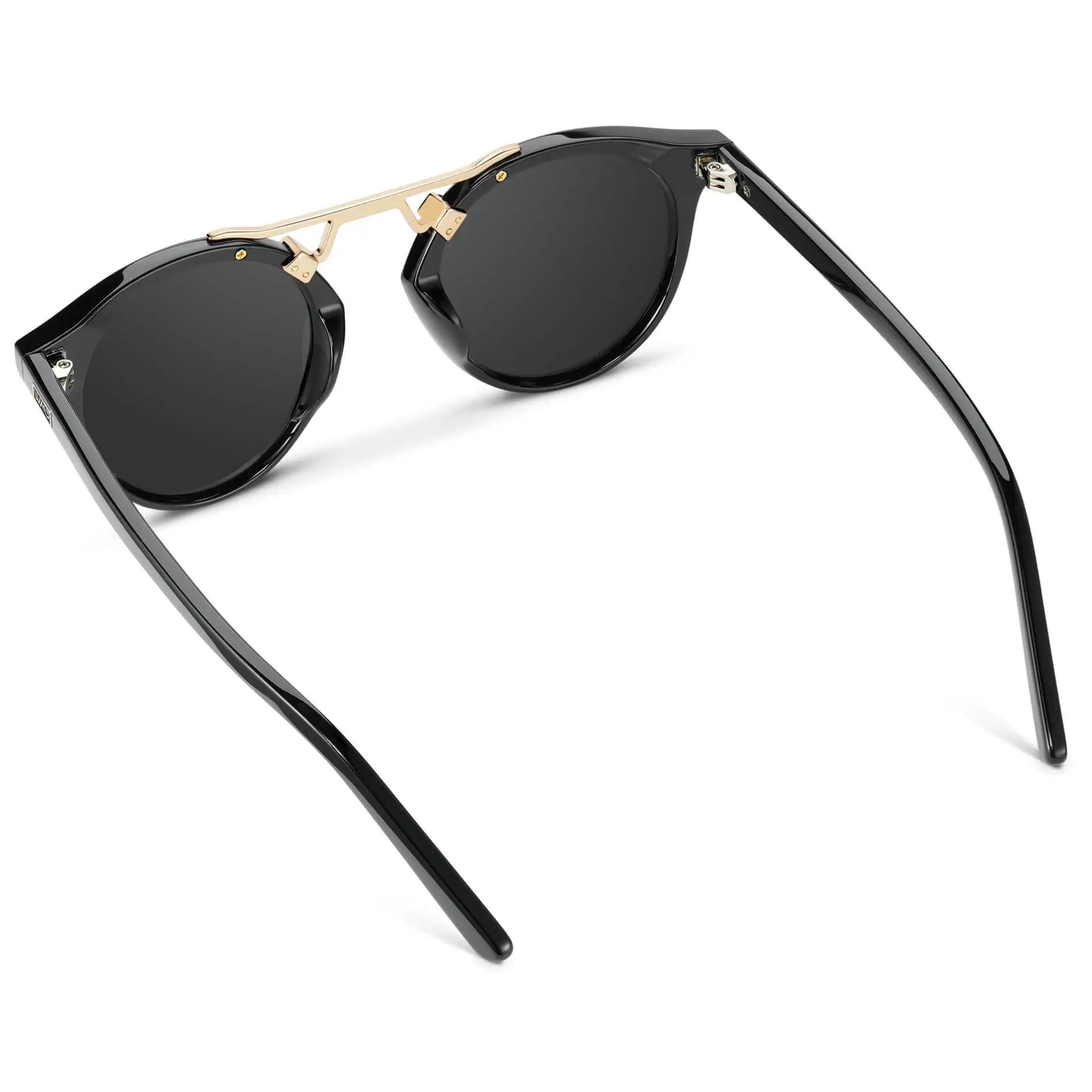 Black / Black Gradient Lens || Double Bridge Round Retro Polarized Sunglasses with Black Frame Black Gradient Lens and Gold Fashion Accents