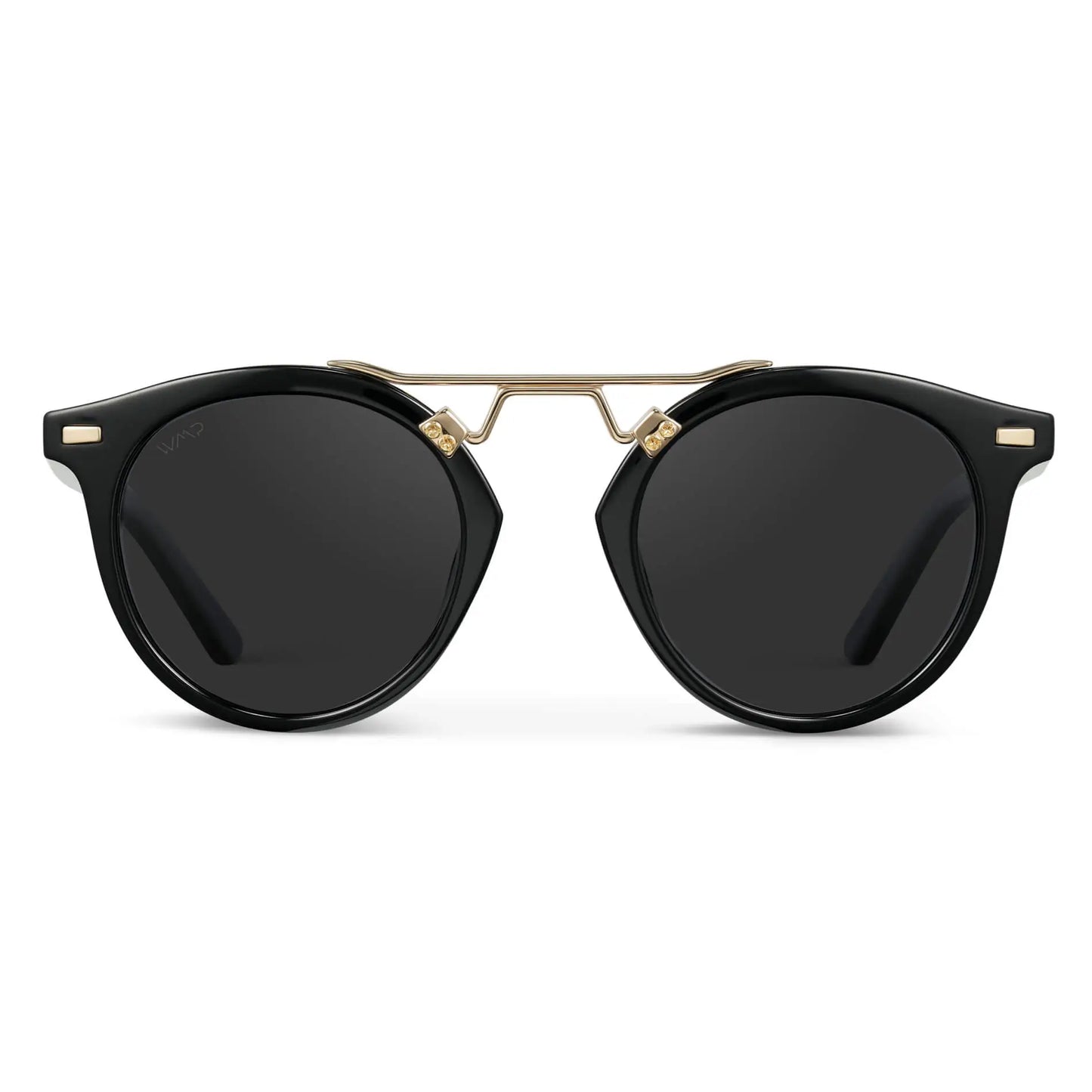 Black / Black Gradient Lens || Double Bridge Round Retro Polarized Sunglasses with Black Frame Black Gradient Lens and Gold Fashion Accents