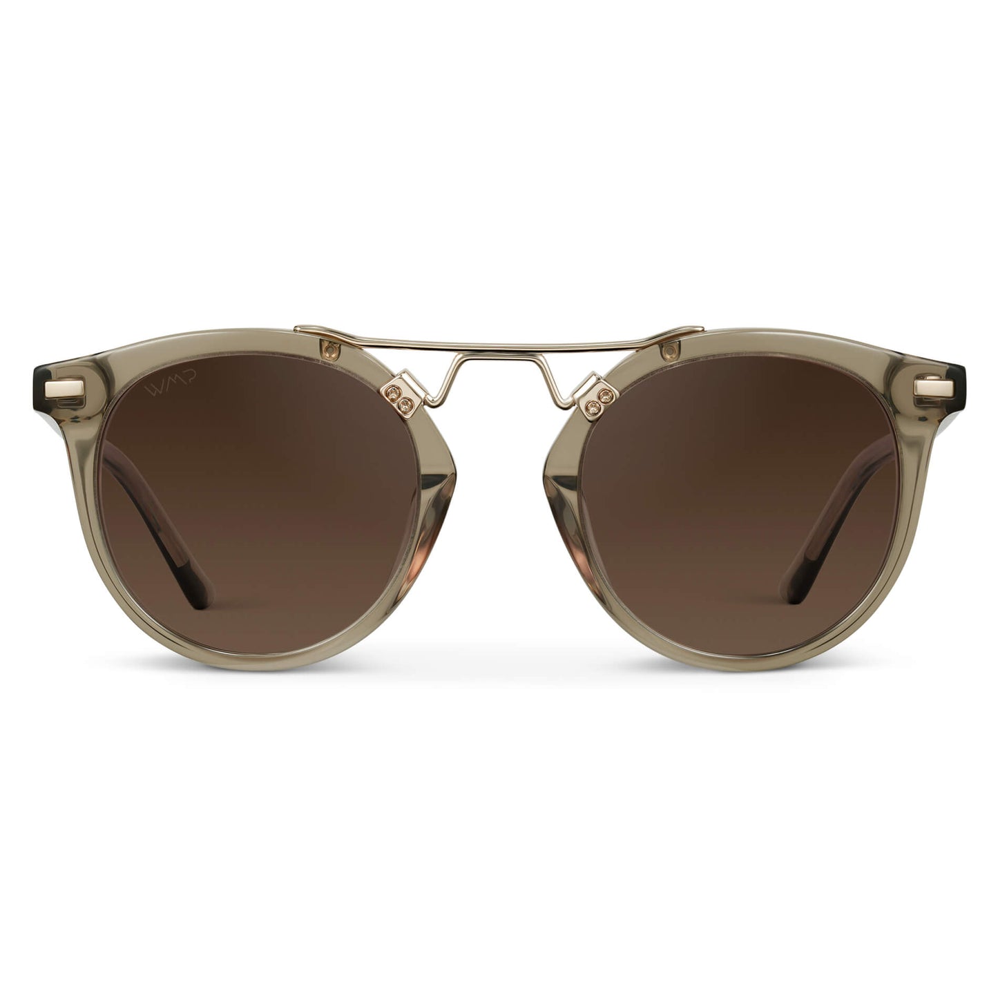Crystal Taupe Brown / Maple Brown Gradient Lens || Double Bridge Round Retro Polarized Sunglasses with Crystal Taupe Brown Frame Maple Brown Gradient Lens and Gold Fashion Accents