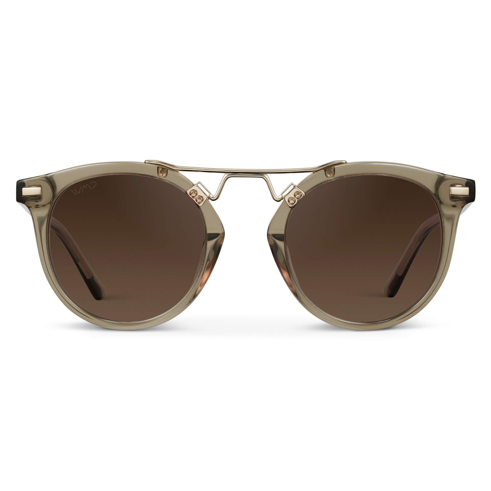 Crystal Taupe Brown / Maple Brown Gradient Lens || Double Bridge Round Retro Polarized Sunglasses with Crystal Taupe Brown Frame Maple Brown Gradient Lens and Gold Fashion Accents