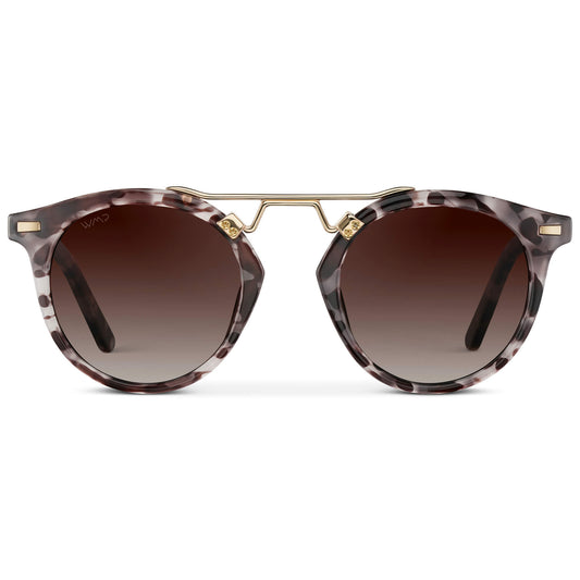 Beige Tortoise / Brown Lens || Double Bridge Round Retro Polarized Sunglasses with Beige Tortoise Frame Gradient Brown Lens and Gold Fashion Accents