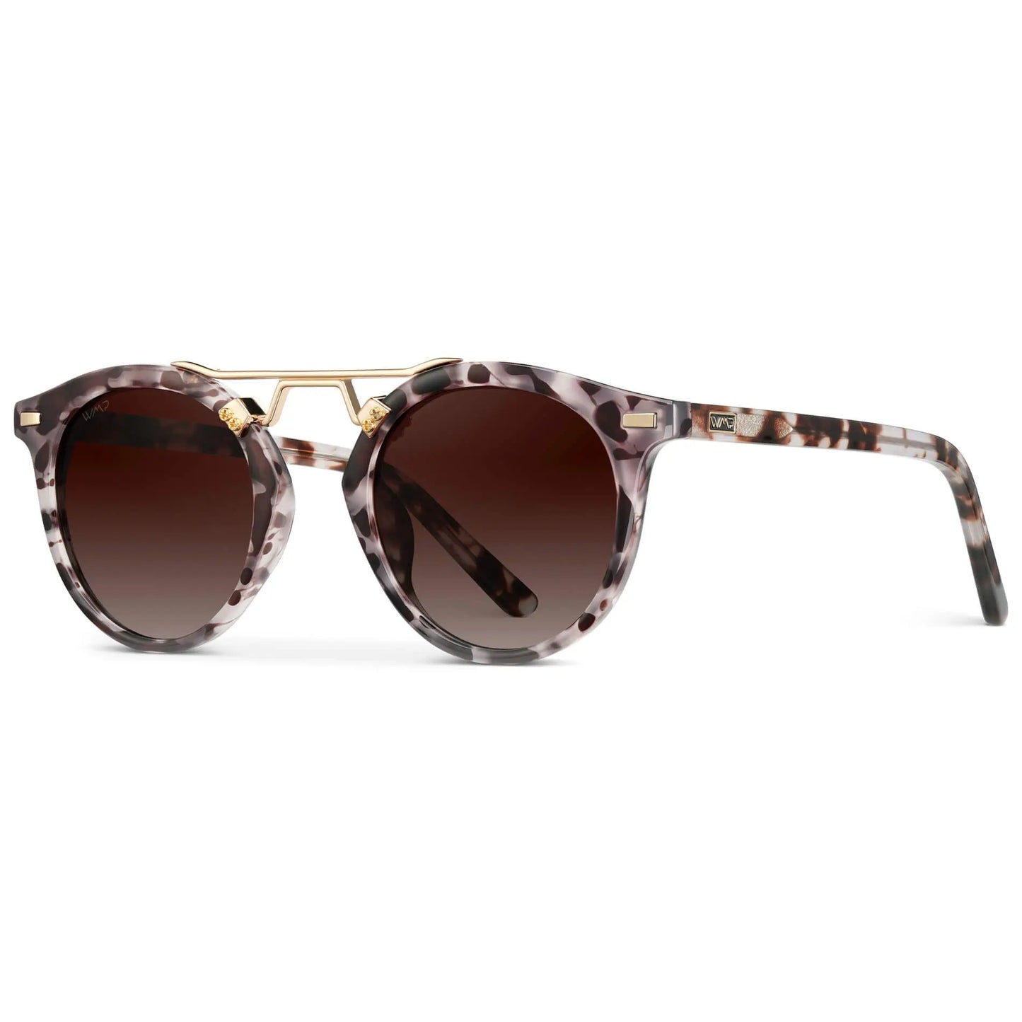 Beige Tortoise / Brown Lens || Double Bridge Round Retro Polarized Sunglasses with Beige Tortoise Frame, Gradient Brown Lens and Gold Fashion Accents
