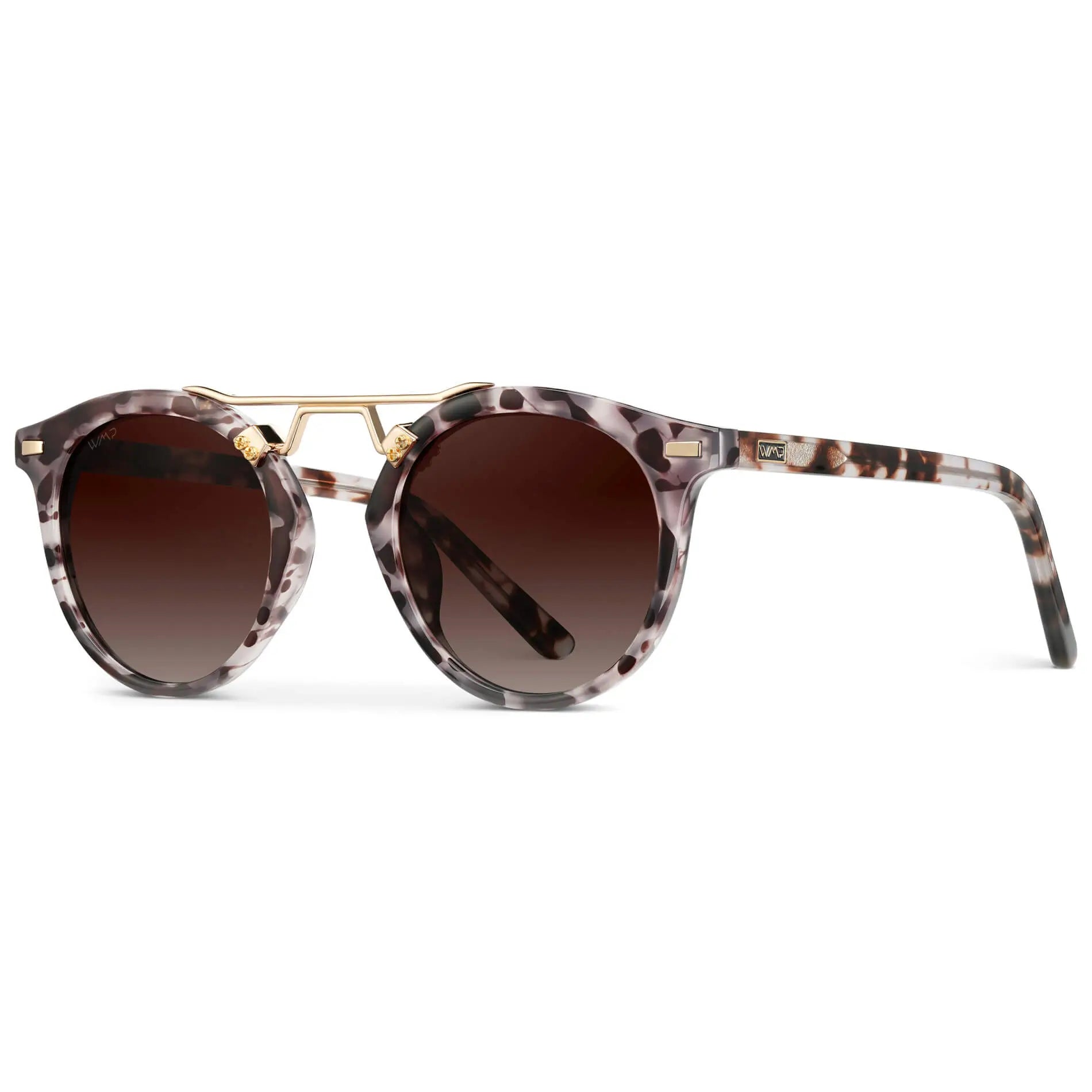 Beige Tortoise / Brown Lens || Double Bridge Round Retro Polarized Sunglasses with Beige Tortoise Frame, Gradient Brown Lens and Gold Fashion Accents