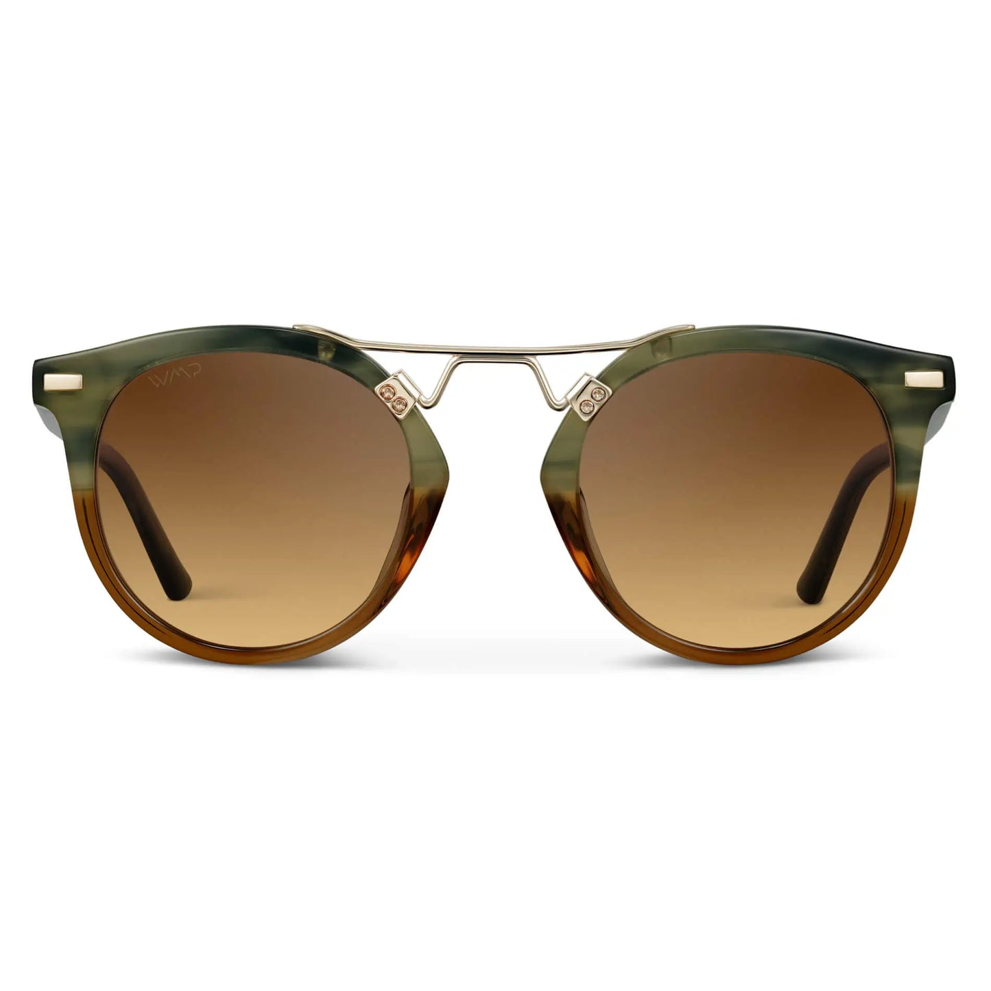Desert Sage / Brown Gradient || Model wearing Double Bridge Round Retro Polarized Sunglasses with Desert Sage Frame Brown Gradient Lens and Gold Fashion Accents