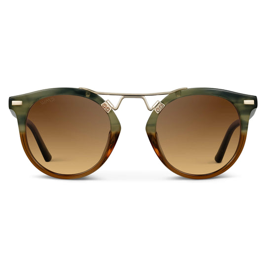 Desert Sage / Brown Gradient || Double Bridge Round Retro Polarized Sunglasses with Desert Sage Frame Brown Gradient Lens and Gold Fashion Accents