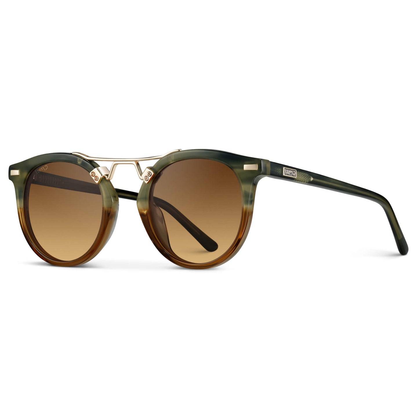 Desert Sage / Brown Gradient || Double Bridge Round Retro Polarized Sunglasses with Desert Sage Frame Brown Gradient Lens and Gold Fashion Accents