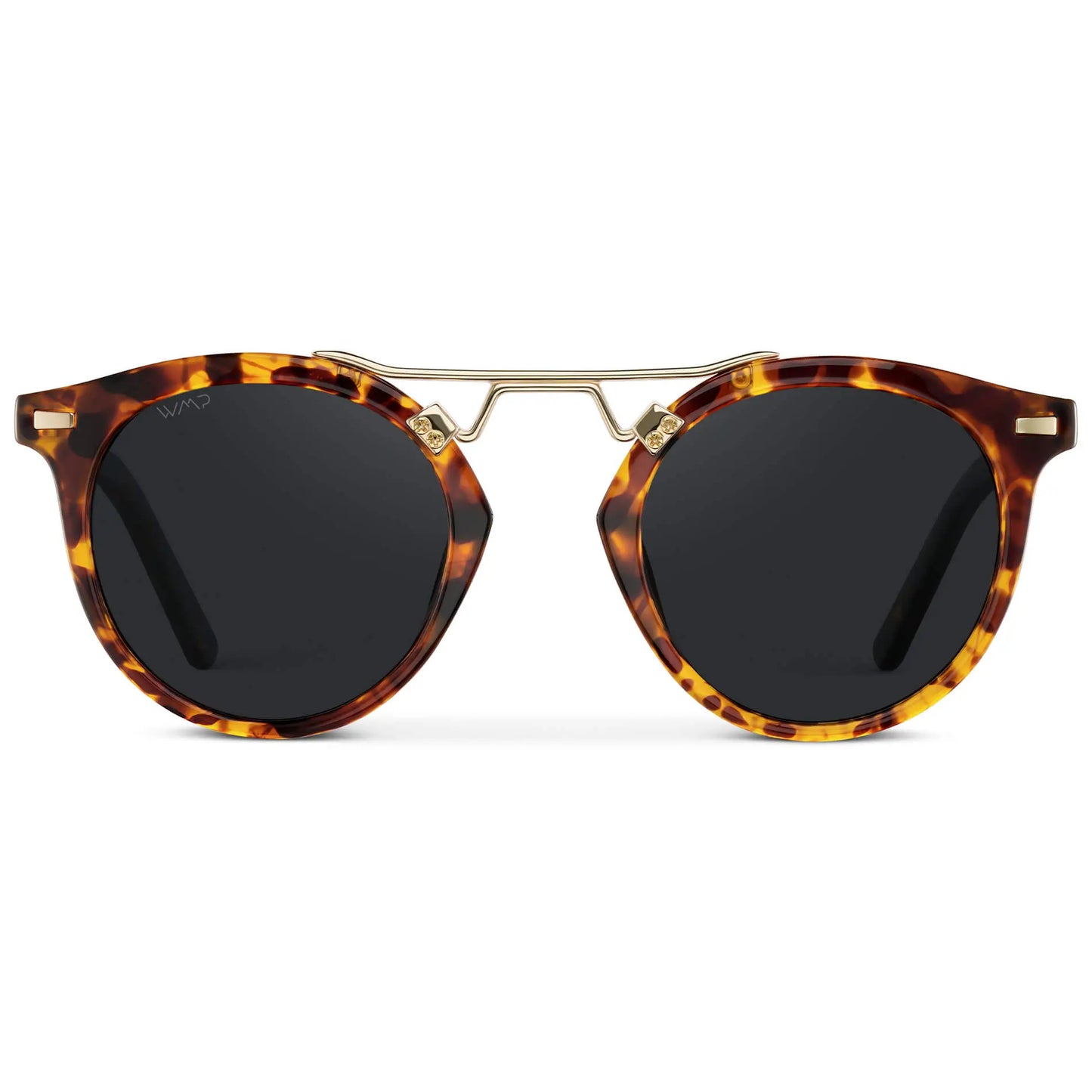 Tortoise / Black Lens || Double Bridge Round Retro Polarized Sunglasses with Tortoise Frame Black Lens and Gold Fashion Accents