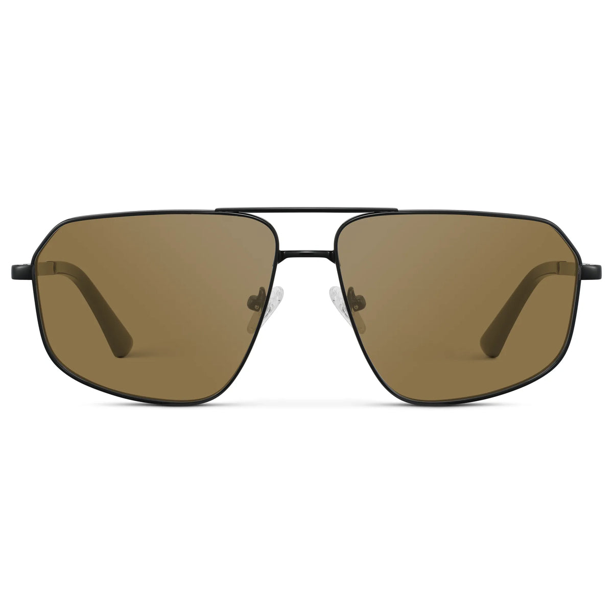 Black / Amber || Women's Geometric Stainless Steel Aviator Prescription Sunglasses with Black Frame and Brown Lens on a white background