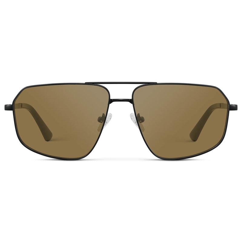 Black / Amber || Women's Geometric Stainless Steel Aviator Prescription Sunglasses with Black Frame and Brown Lens on a white background