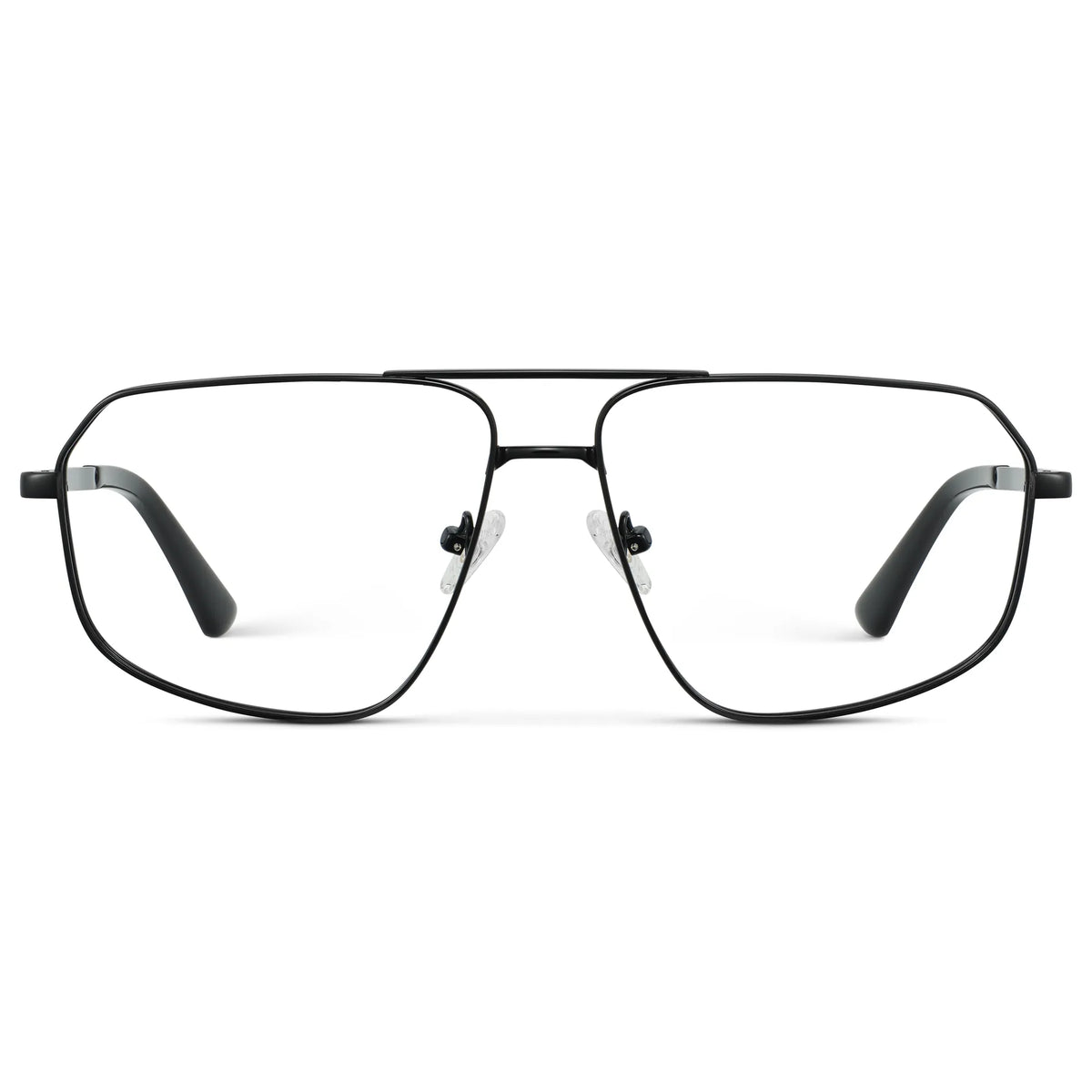 Black || Women's Geometric Stainless Steel Aviator Prescription Glasses with Black Frame and Clear Lens on a white background