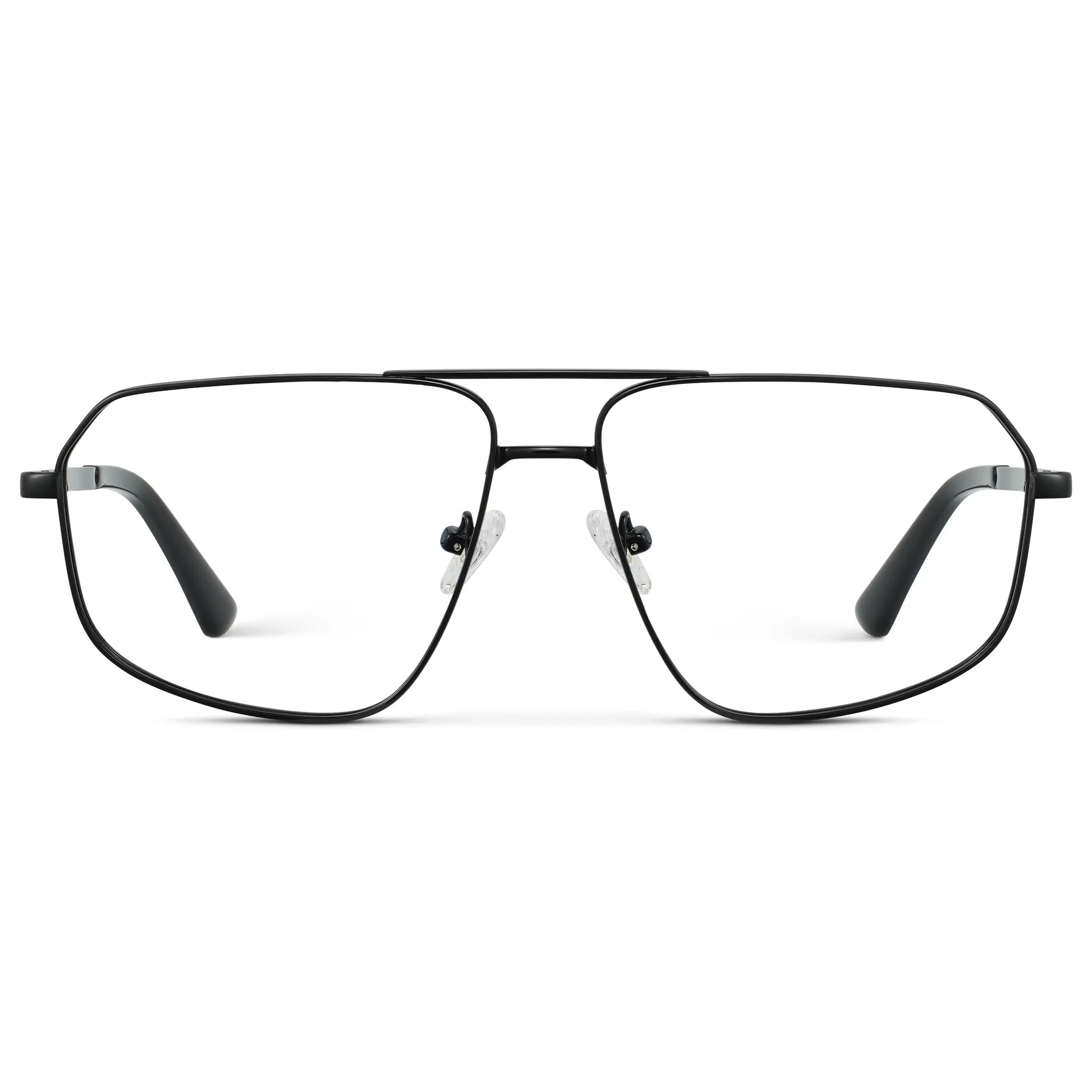 Black || Women's Geometric Stainless Steel Aviator Prescription Glasses with Black Frame and Clear Lens on a white background