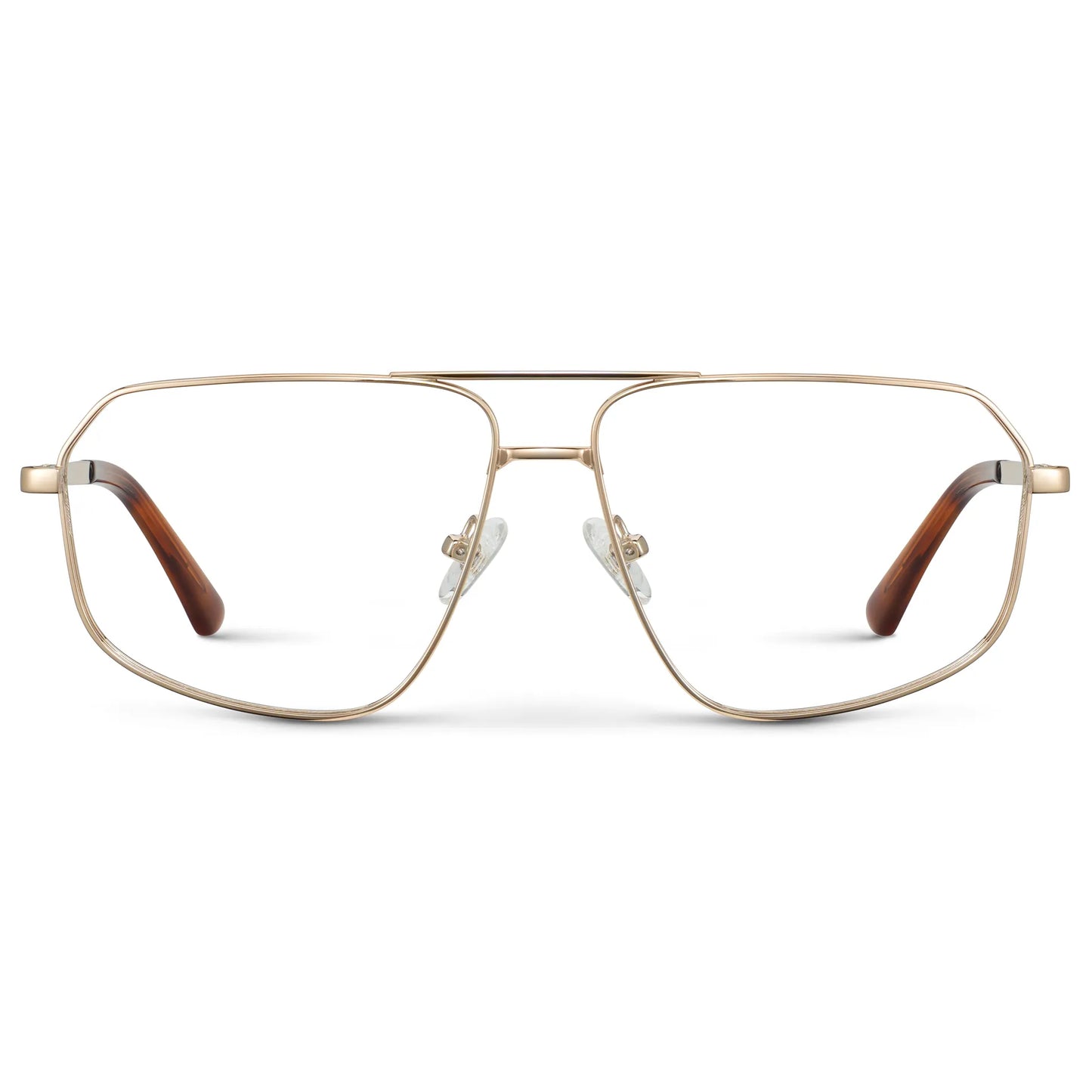 Gold || Women's Geometric Stainless Steel Aviator Prescription Glasses with Gold Frame and Clear Lens on a white background