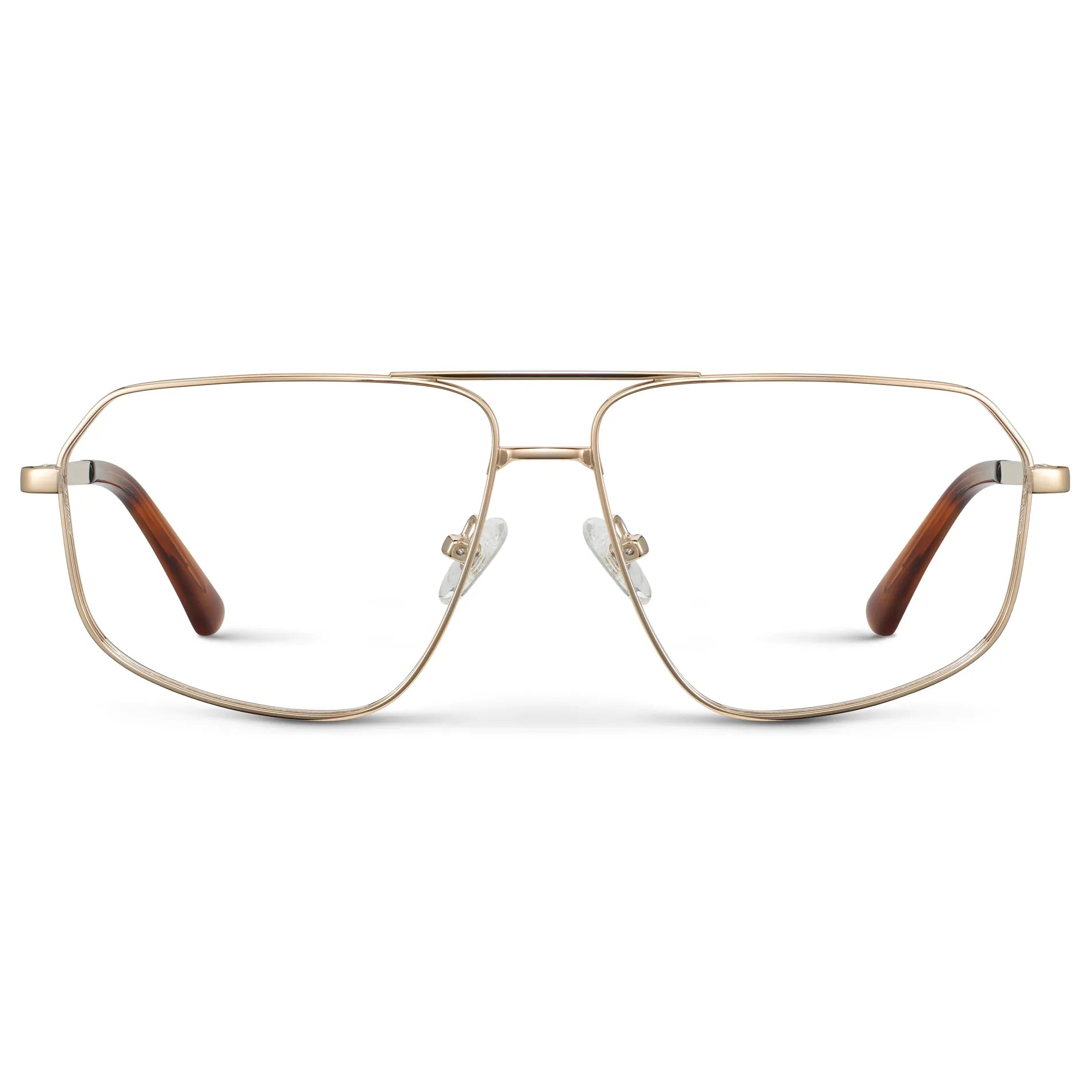 Gold || Women's Geometric Stainless Steel Aviator Prescription Glasses with Gold Frame and Clear Lens on a white background