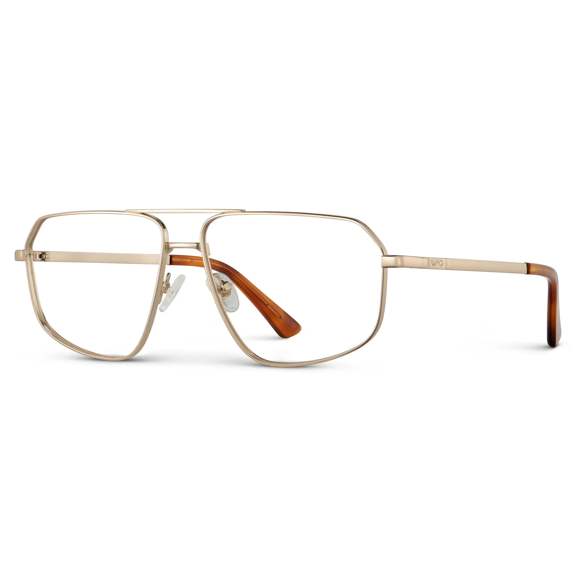 Gold || Side view of Women's Geometric Stainless Steel Aviator Prescription Glasses with Gold Frame and Clear Lens on a white background