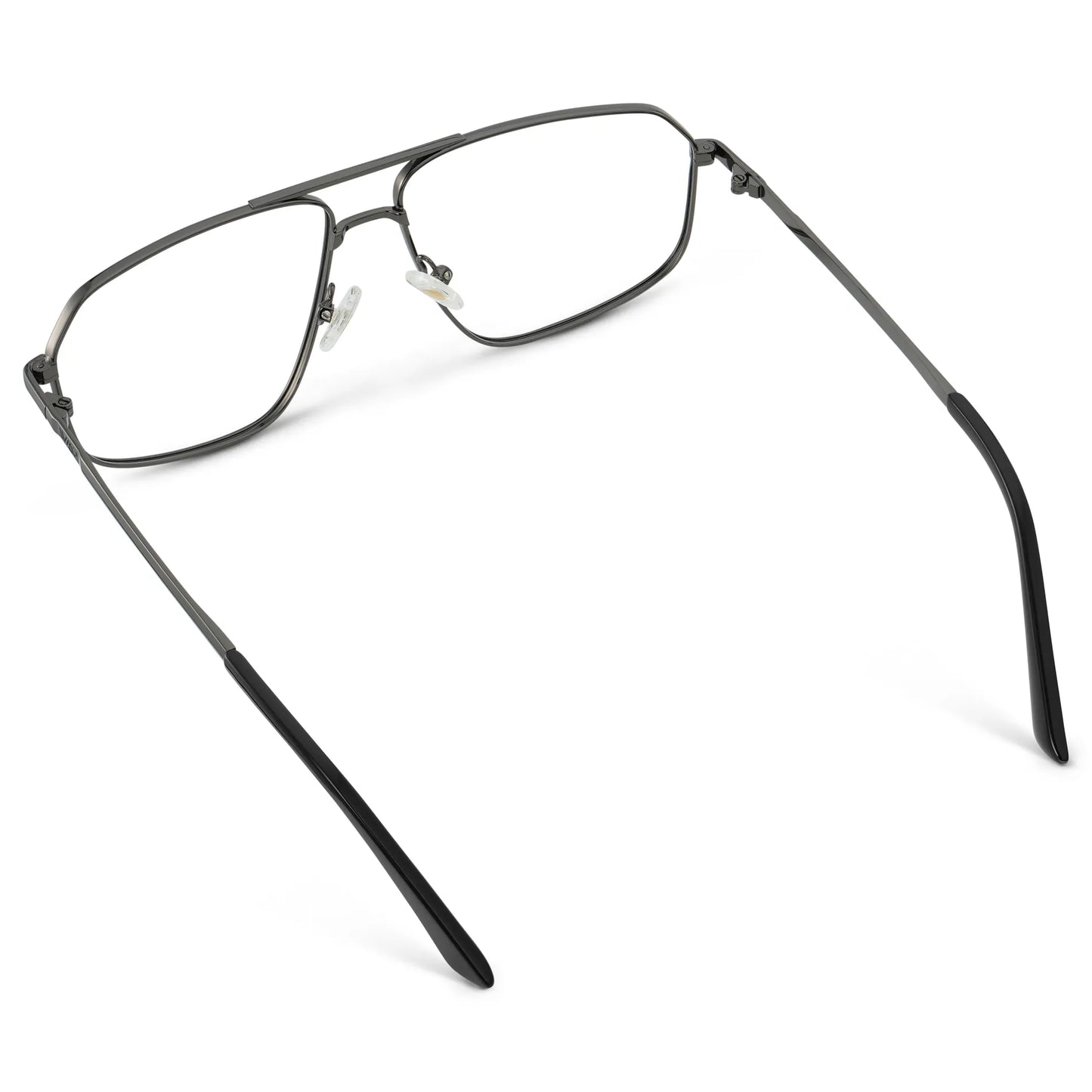 Gunmetal || Back view of Women's Geometric Stainless Steel Aviator Prescription Glasses with Gunmetal Frame and Clear Lens on a white background