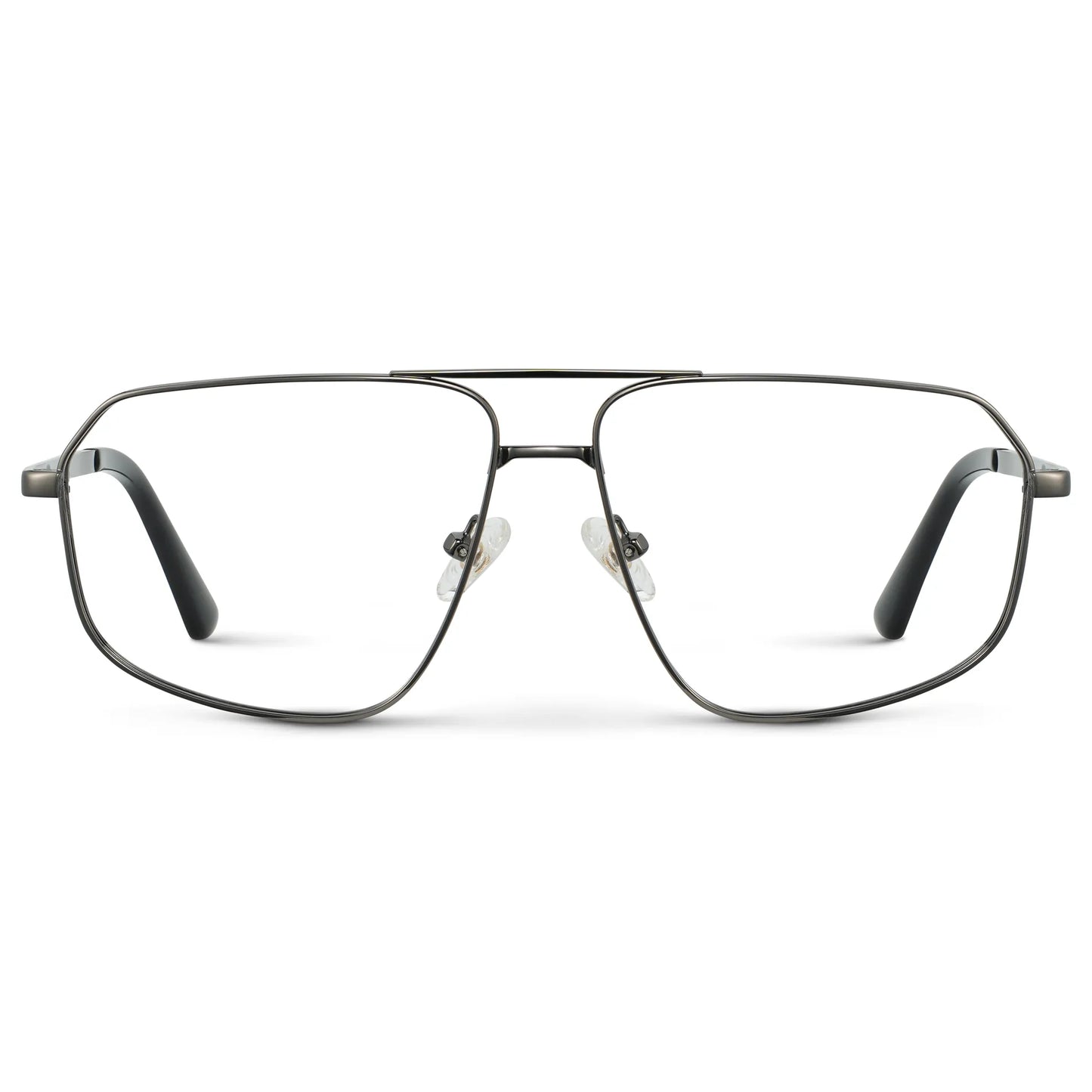 Gunmetal || Women's Geometric Stainless Steel Aviator Prescription Glasses with Gunmetal Frame and Clear Lens on a white background