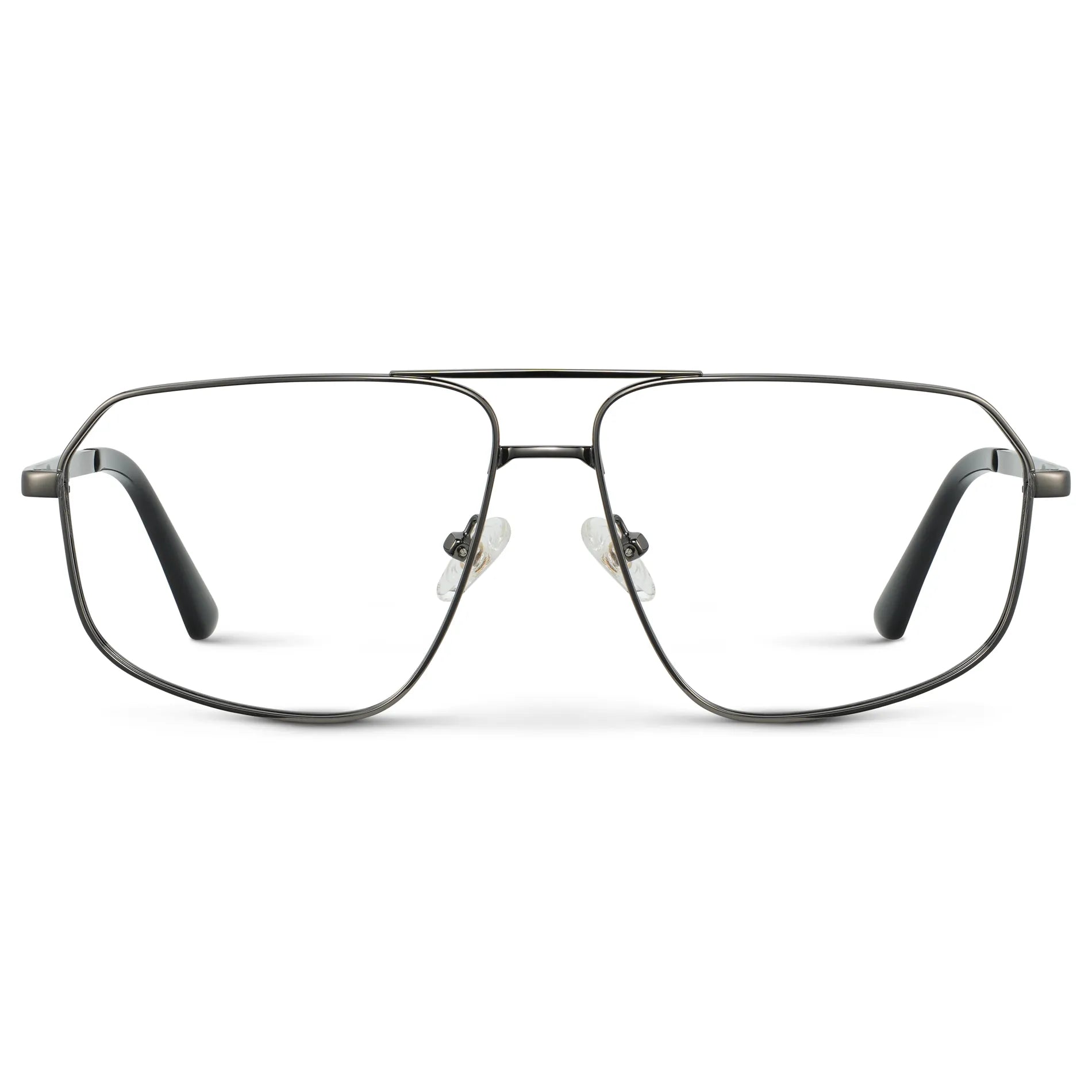 Gunmetal || Women's Geometric Stainless Steel Aviator Prescription Glasses with Gunmetal Frame and Clear Lens on a white background