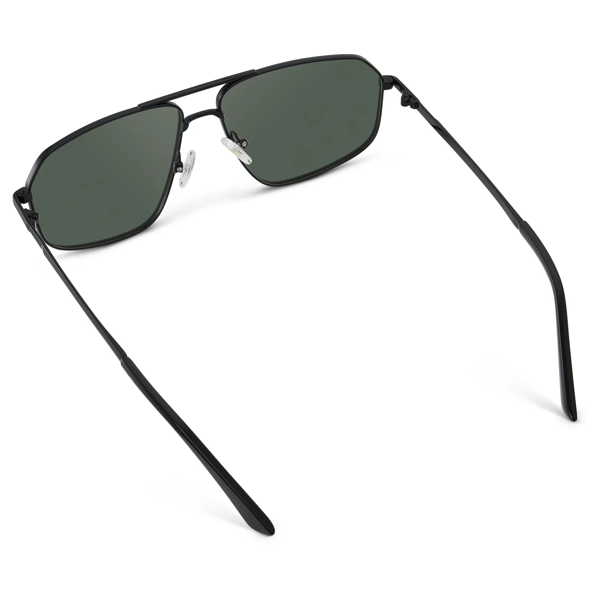Black / G15 || Back view of Women's Geometric Stainless Steel Aviator Prescription Sunglasses with Black Frame and Green Lens on a white background