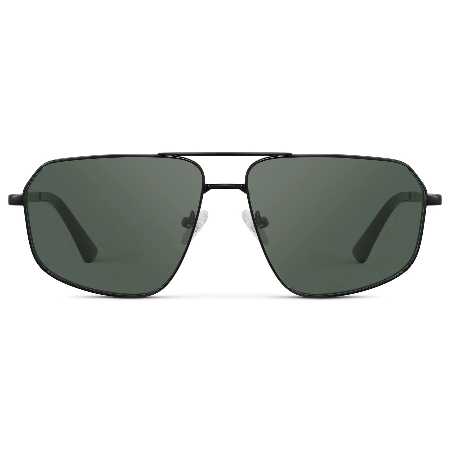 Black / G15 || Women's Geometric Stainless Steel Aviator Prescription Sunglasses with Black Frame and Green Lens on a white background